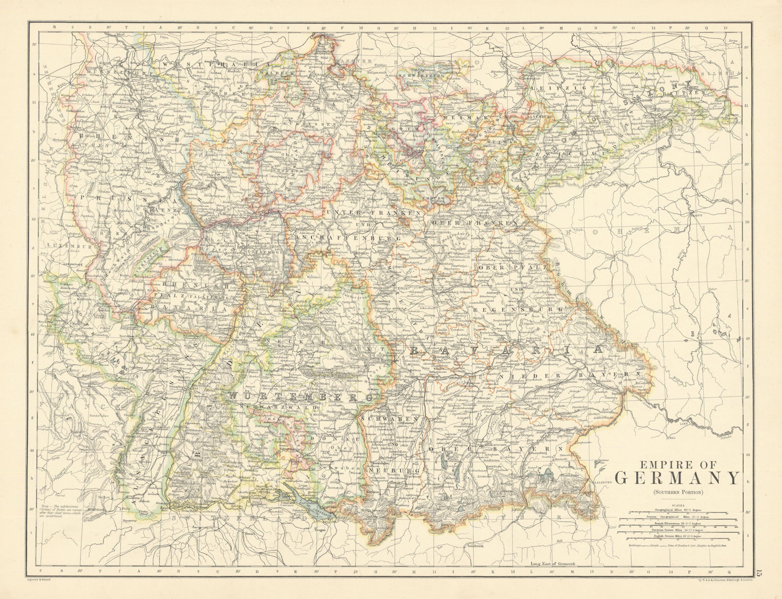 Empire of Germany (Southern Portion) by W. & A.K. Johnston 1887 old map