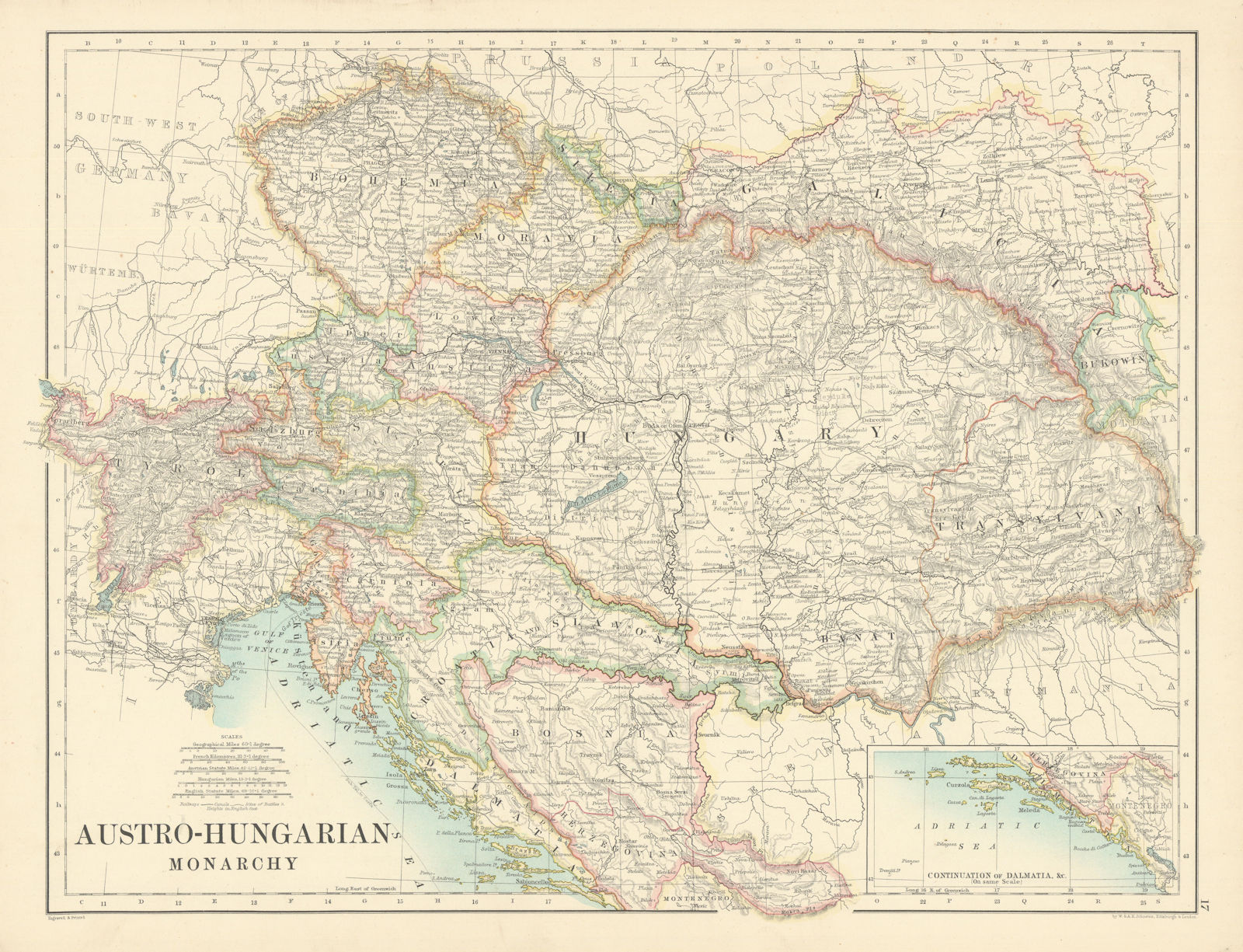 Austro-Hungarian Monarchy by W. & A.K. Johnston 1887 old antique map chart