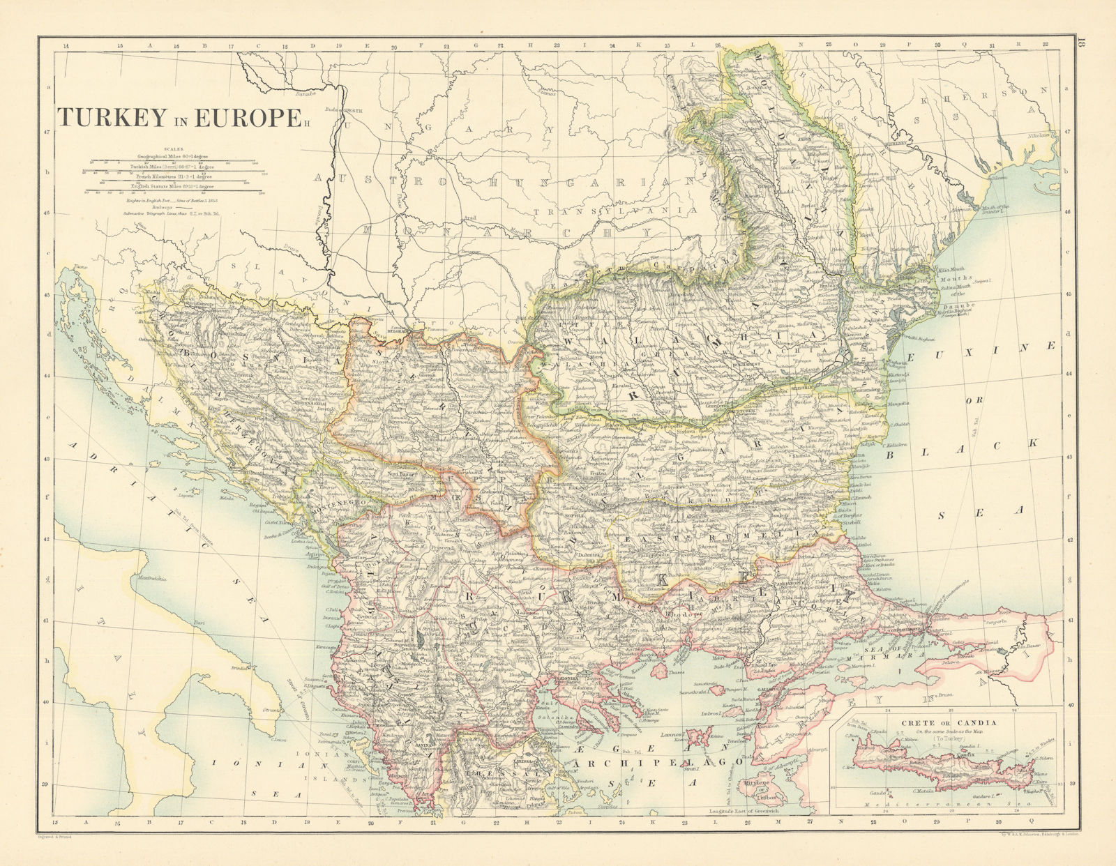 Turkey in Europe by W. & A.K. Johnston. Balkans 1887 old antique map chart