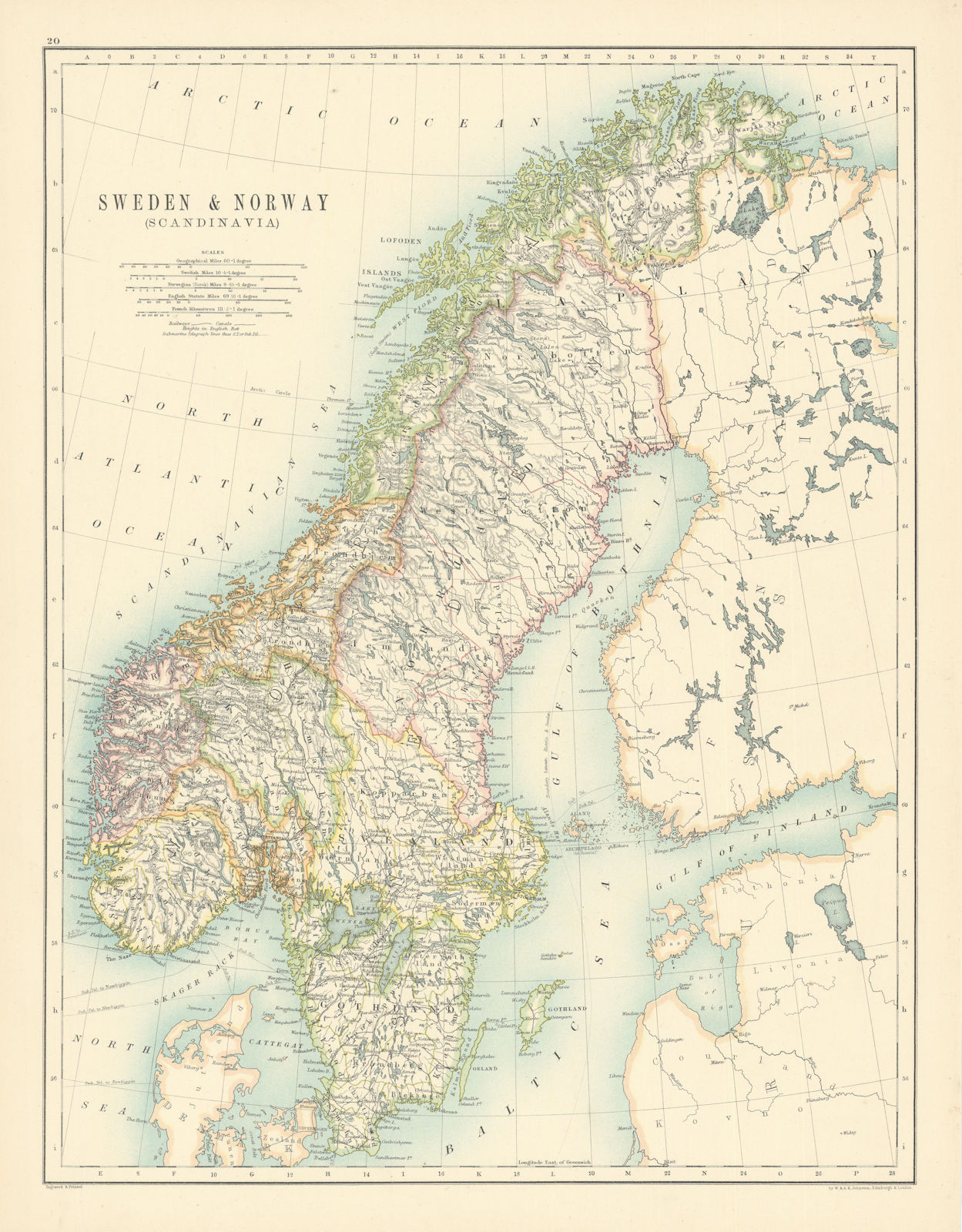 Sweden and Norway (Scandinavia) by W. & A.K. Johnston 1887 old antique map