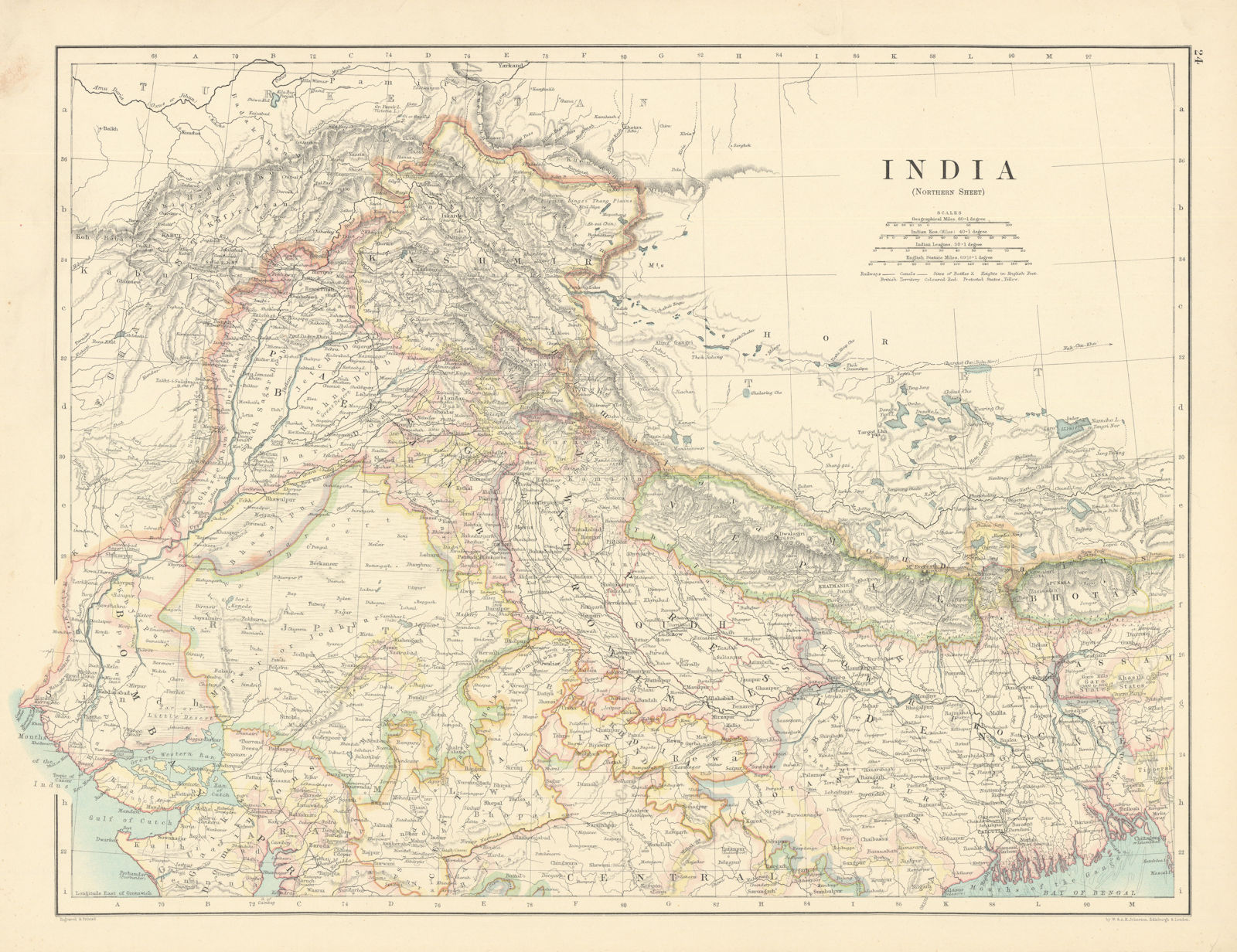 India (Northern Sheet) by W. & A.K. Johnston 1887 old antique map plan chart