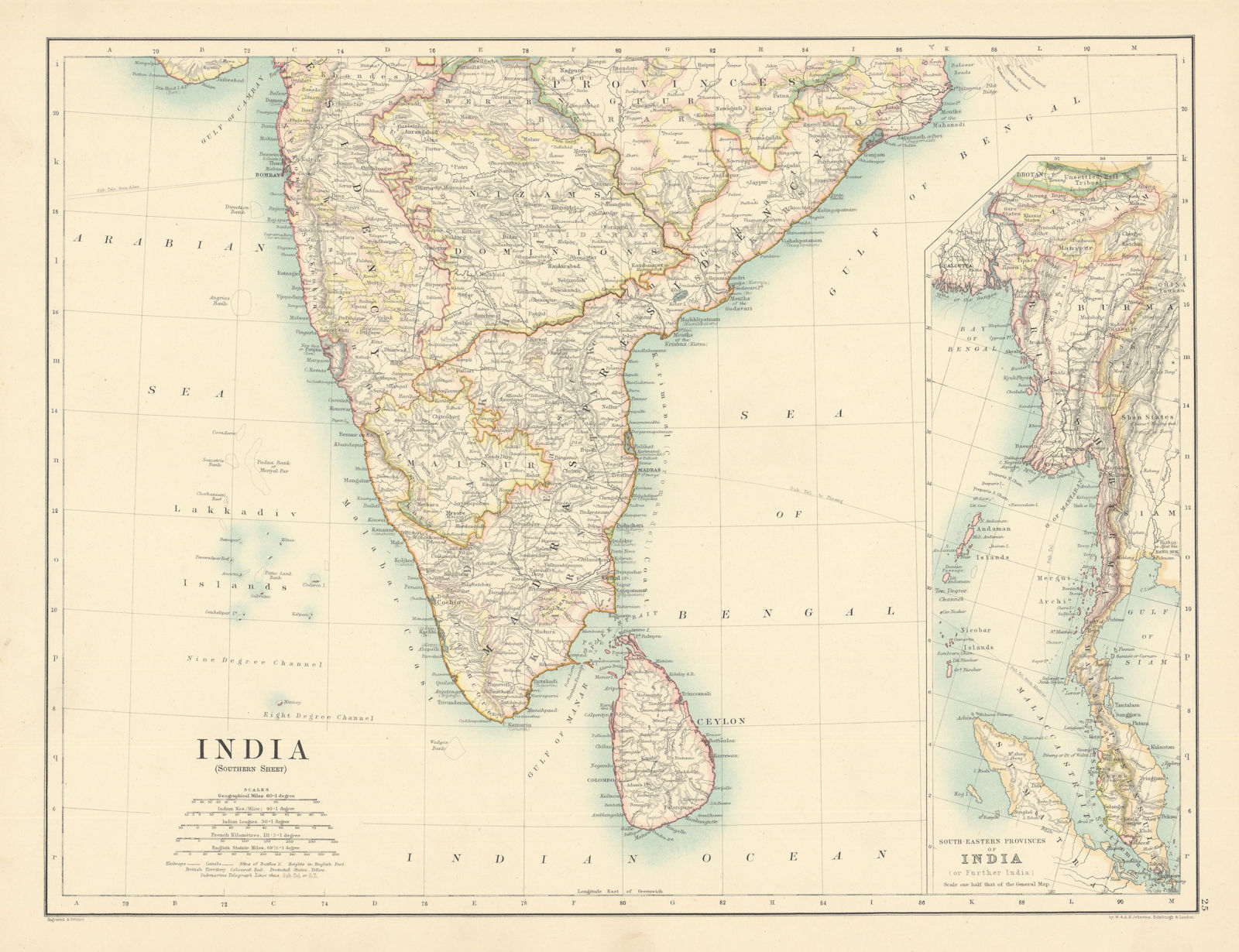 India (Southern Sheet) by W. & A.K. Johnston 1887 old antique map plan chart