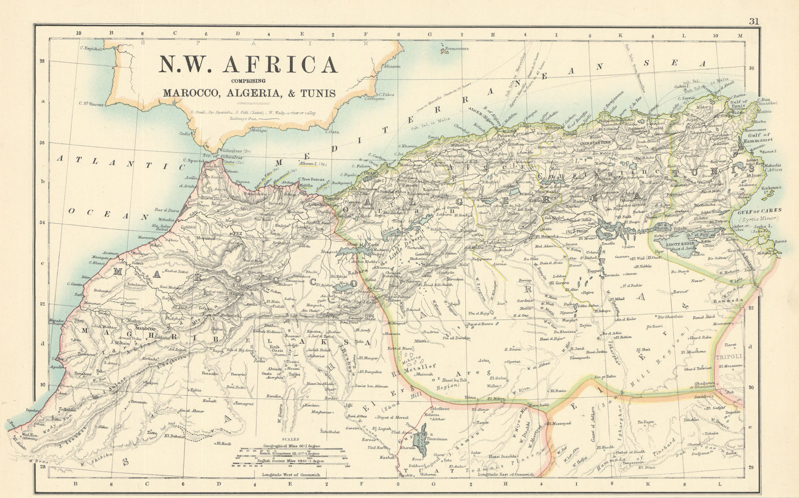 North-West Africa comprising Morocco, Algeria & Tunisia. Johnston 1887 old map