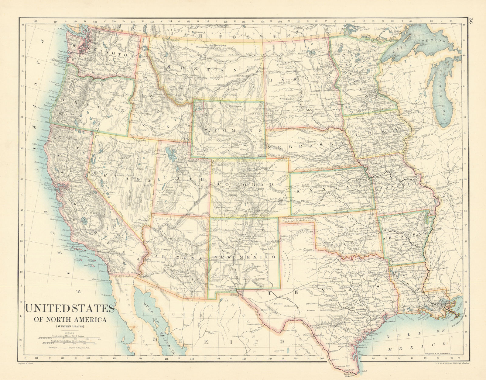 United States of North America (Western States) by W. & A.K. Johnston 1887 map