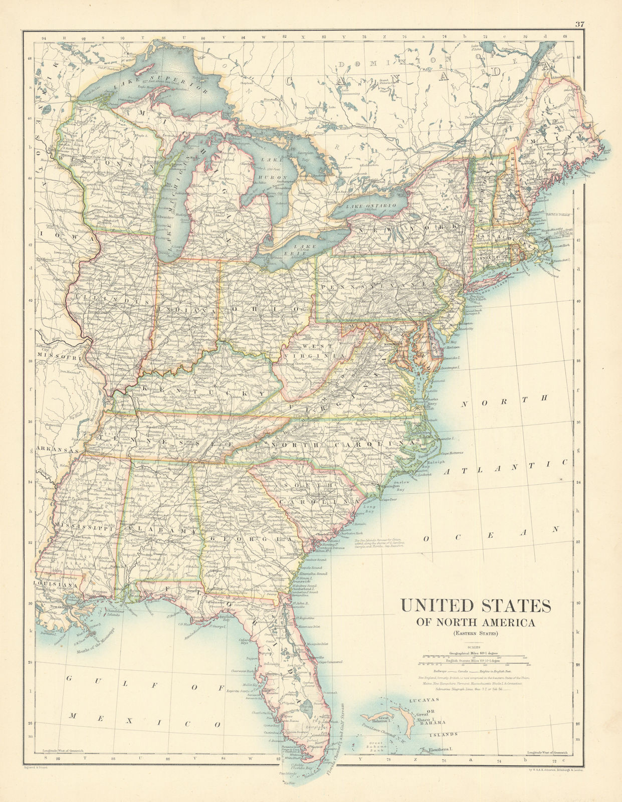 United States of North America (Eastern States) by W. & A.K. Johnston 1887 map