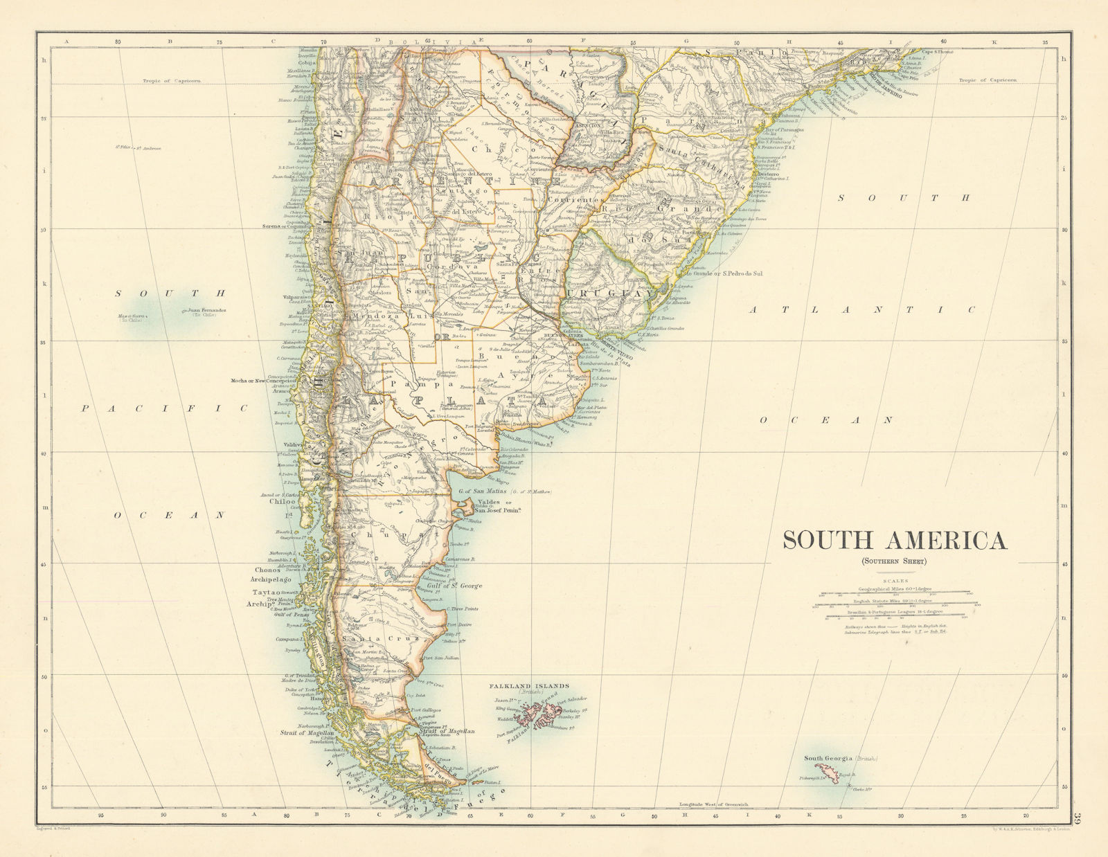 South America (Southern Sheet) by W. & A.K. Johnston 1887 old antique map