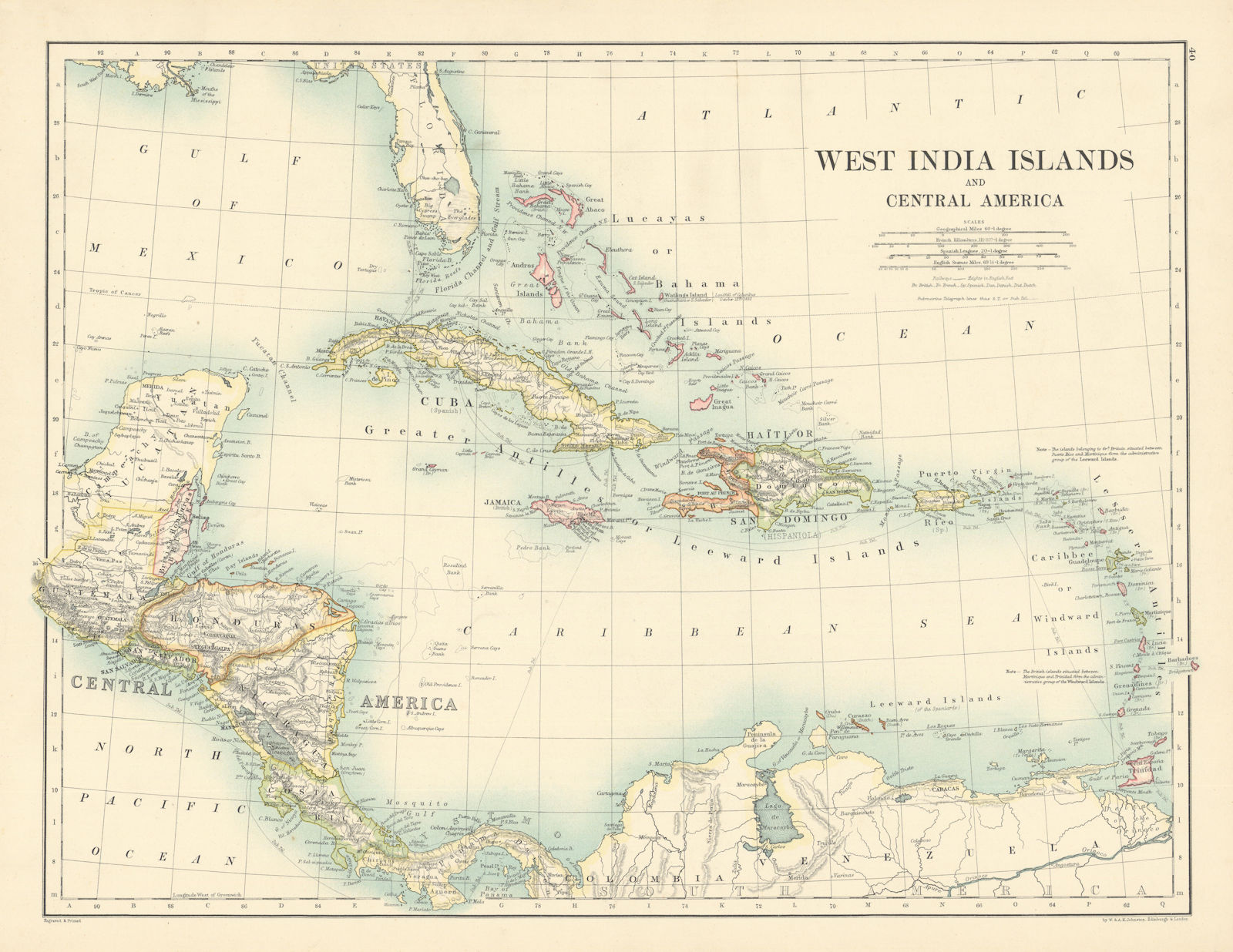 West India Islands & Central America by W. & A.K. Johnston. West Indies 1887 map