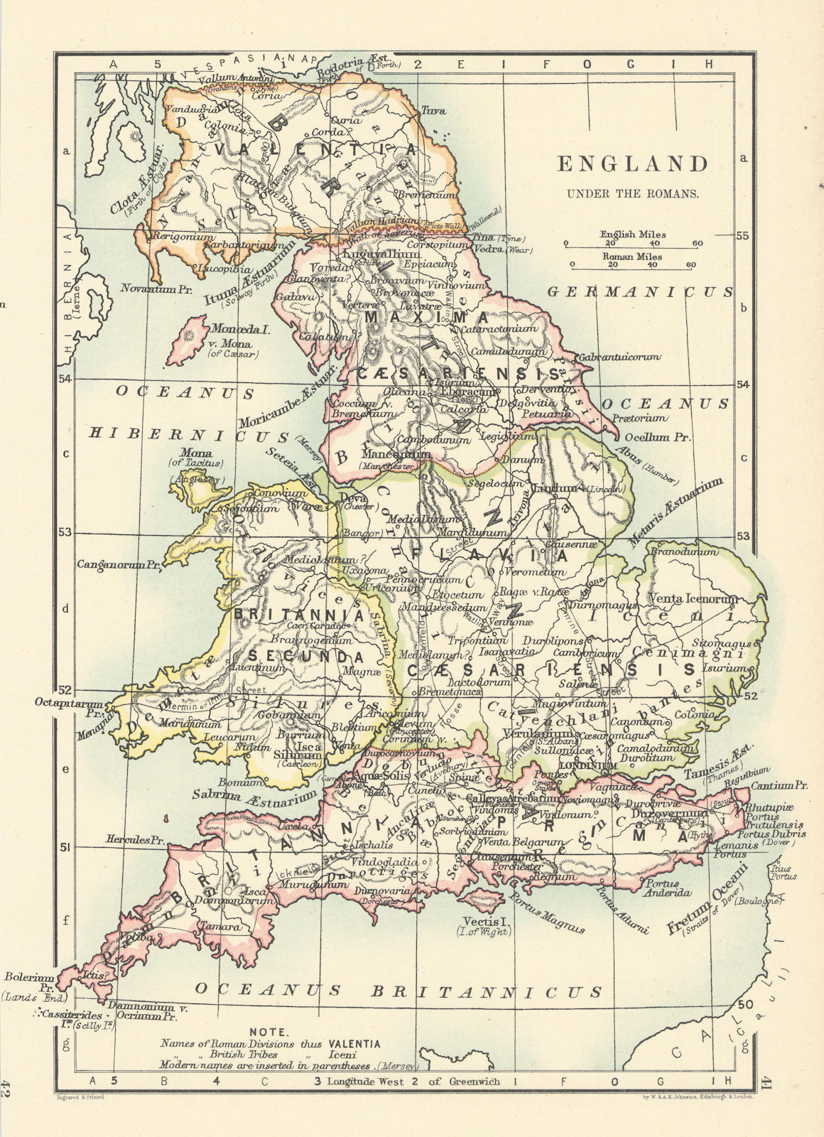 England Britannia Under the Romans by W. & A.K. Johnston. Britannia 1887 map