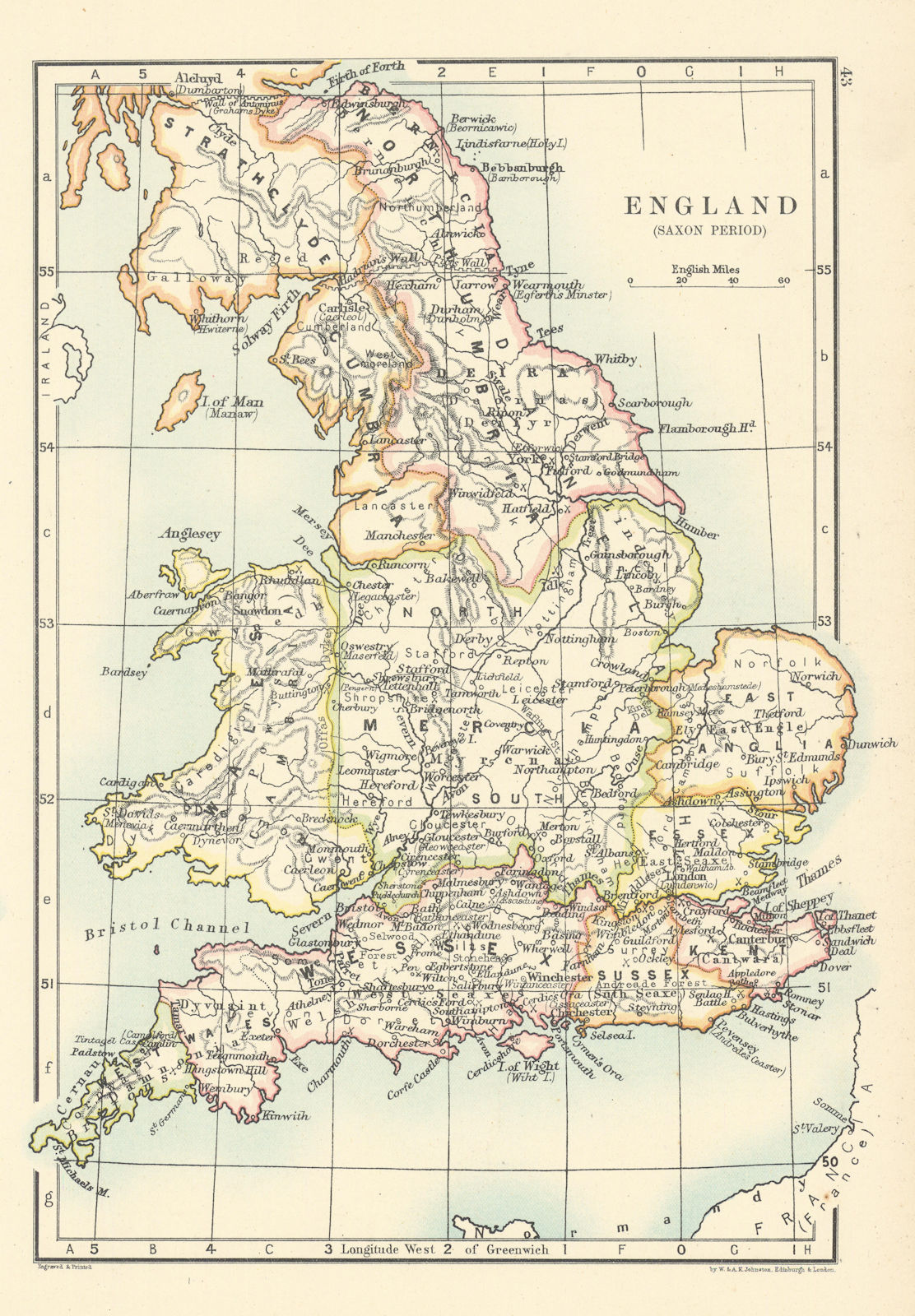 England in the Saxon Period by W. & A.K. Johnston 1887 old antique map chart