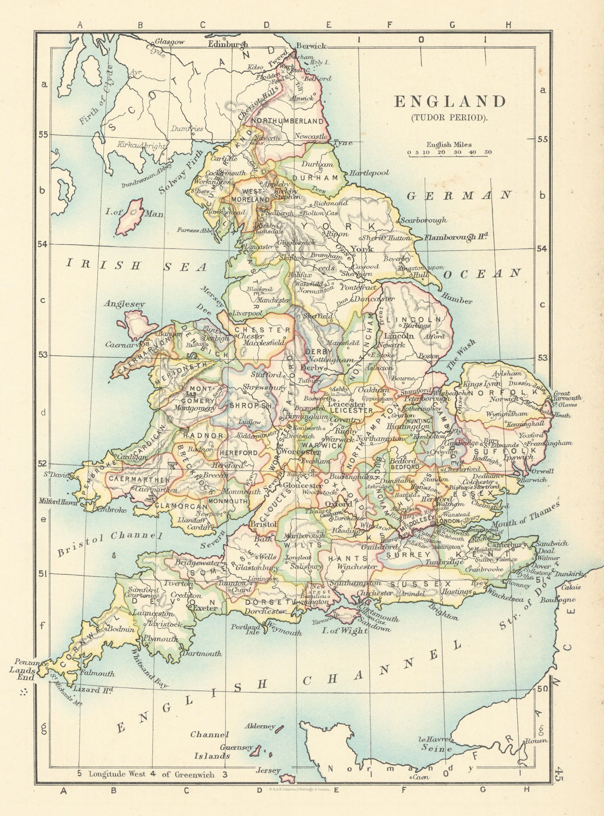 England in the Tudor Period by W. & A.K. Johnston 1887 old antique map chart