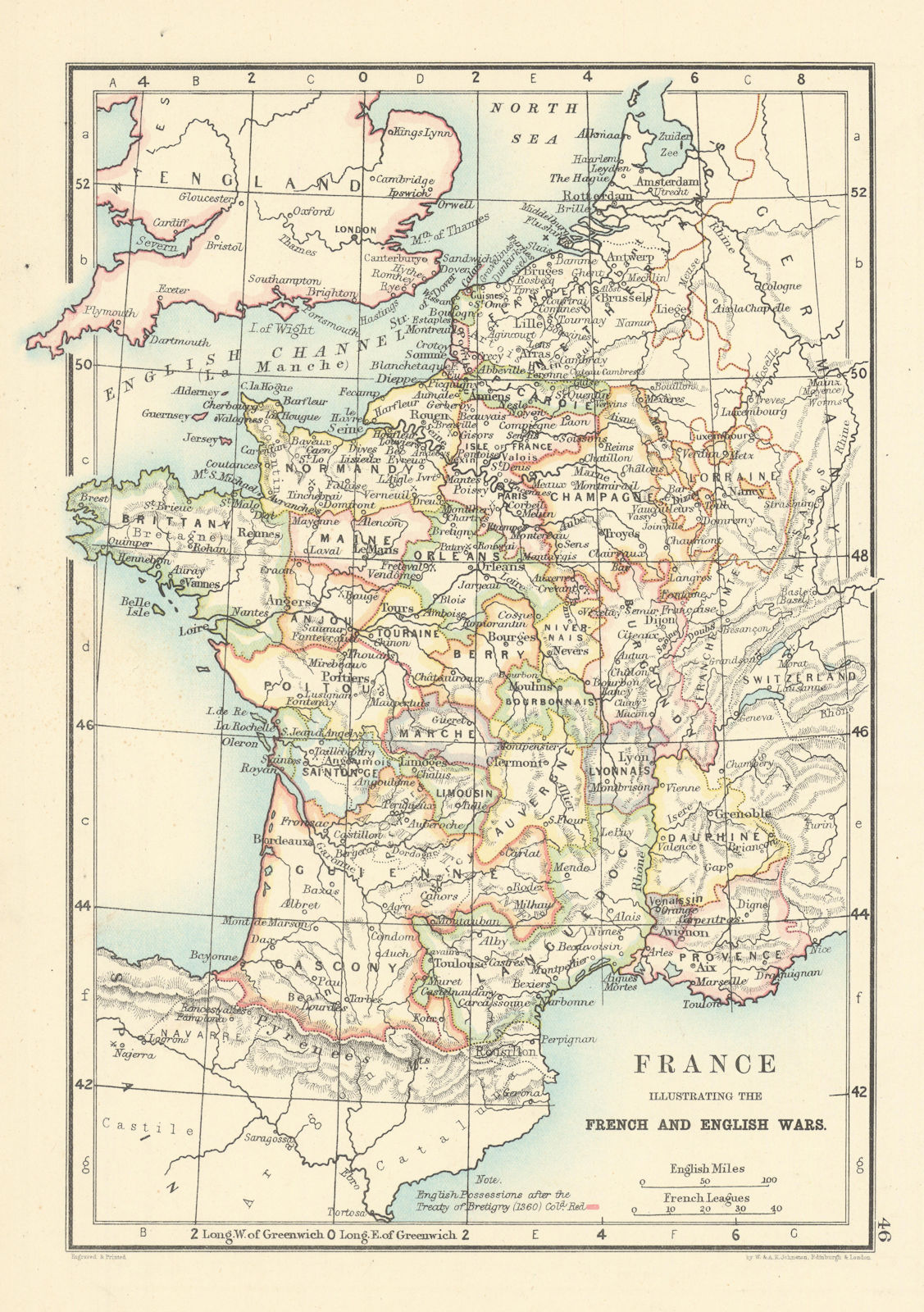 France, illustrating French & English Wars. 100 Years' War 1887 old map