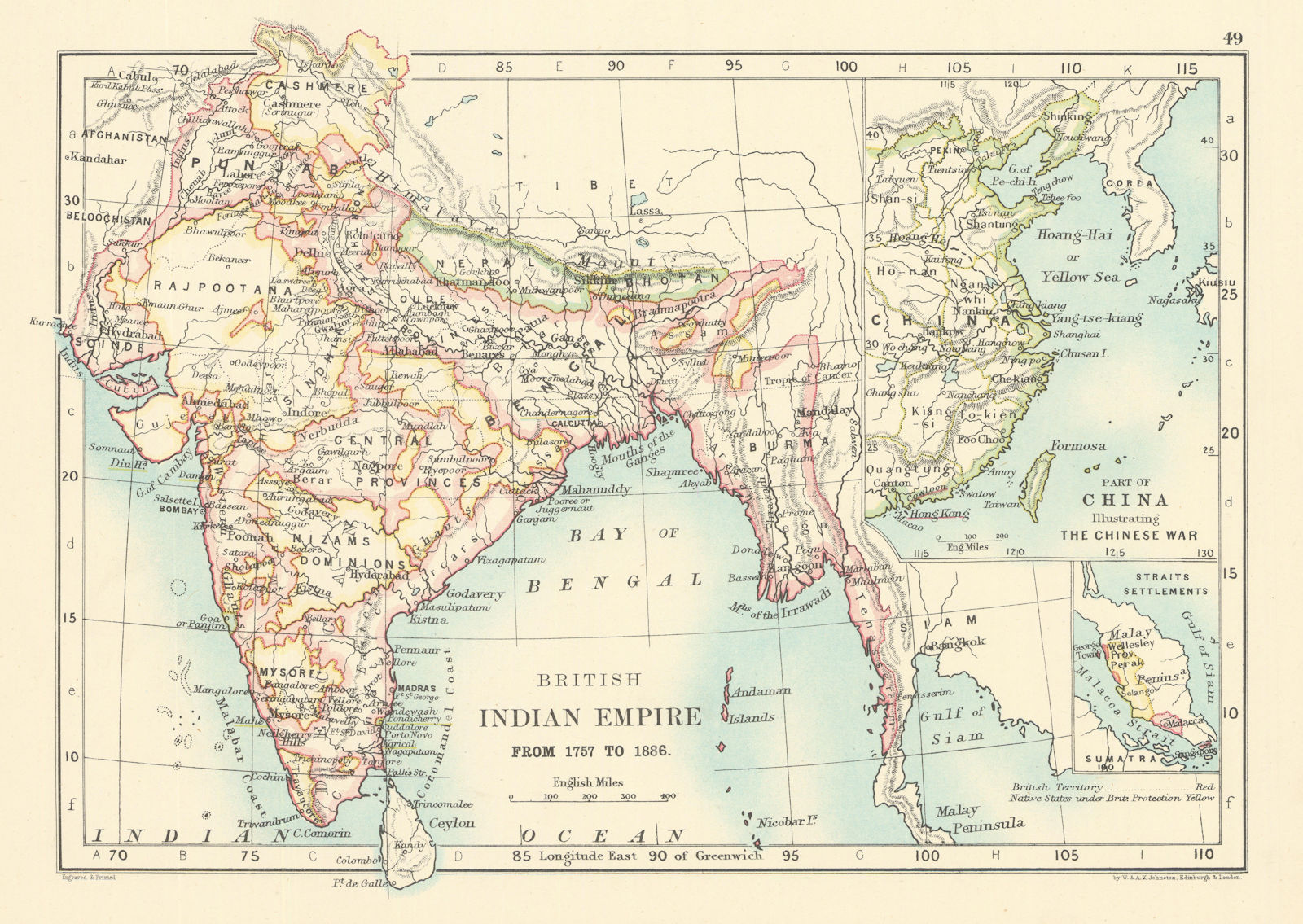 British Indian Empire from 1757 to 1886 by W. & A.K. Johnston 1887 old map