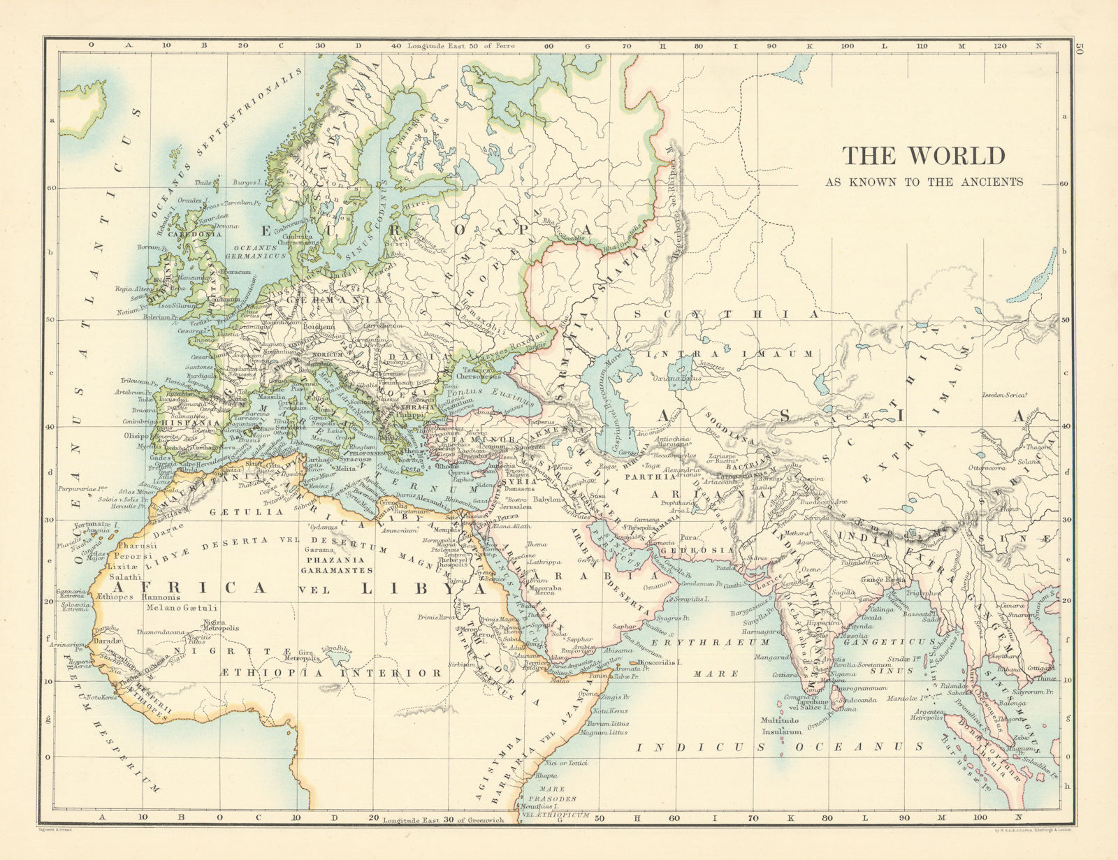 The World as Known to the Ancients by W. & A.K. Johnston 1887 old antique map