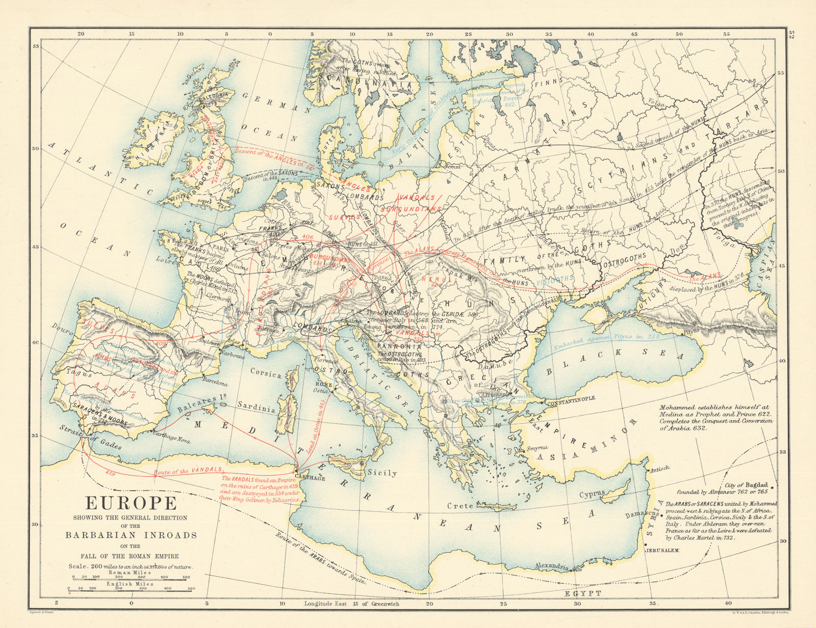 Europe, showing the Barbarian Inroads on the Fall of the Roman Empire 1887 map