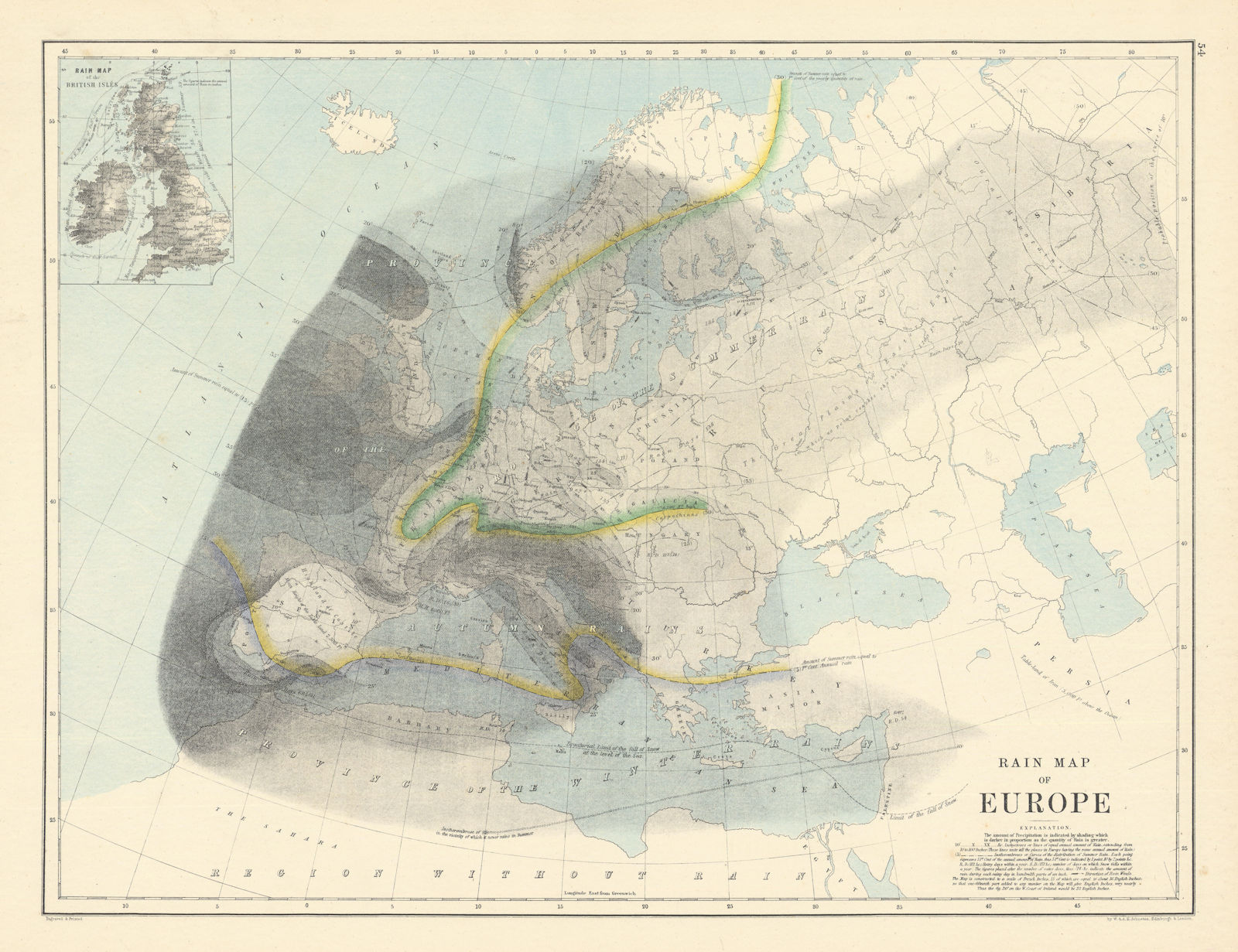 Rain Map of Europe by W. & A.K. Johnston 1887 old antique plan chart