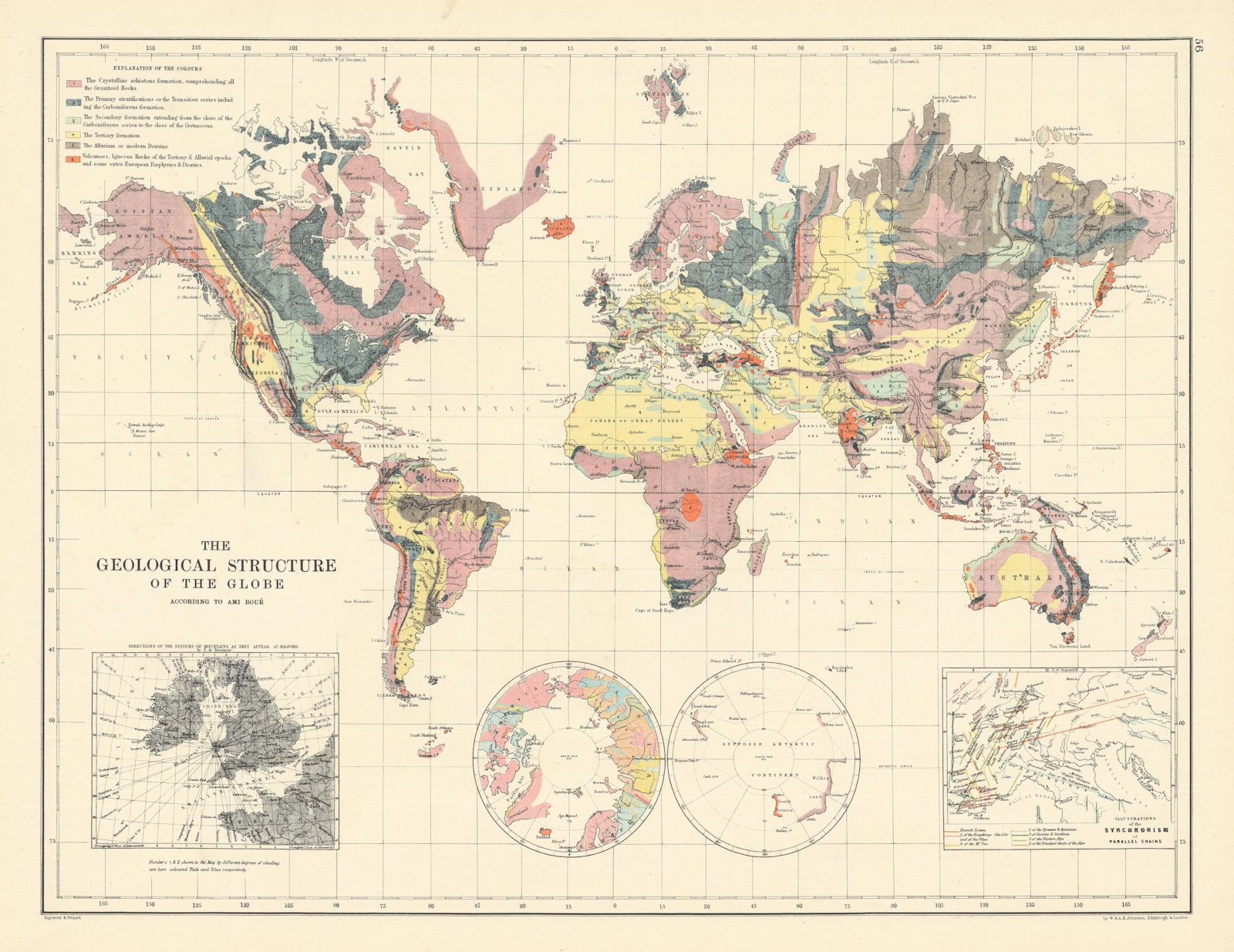 Geological Structure of the Globe according to Ami Boué 1887 old antique map