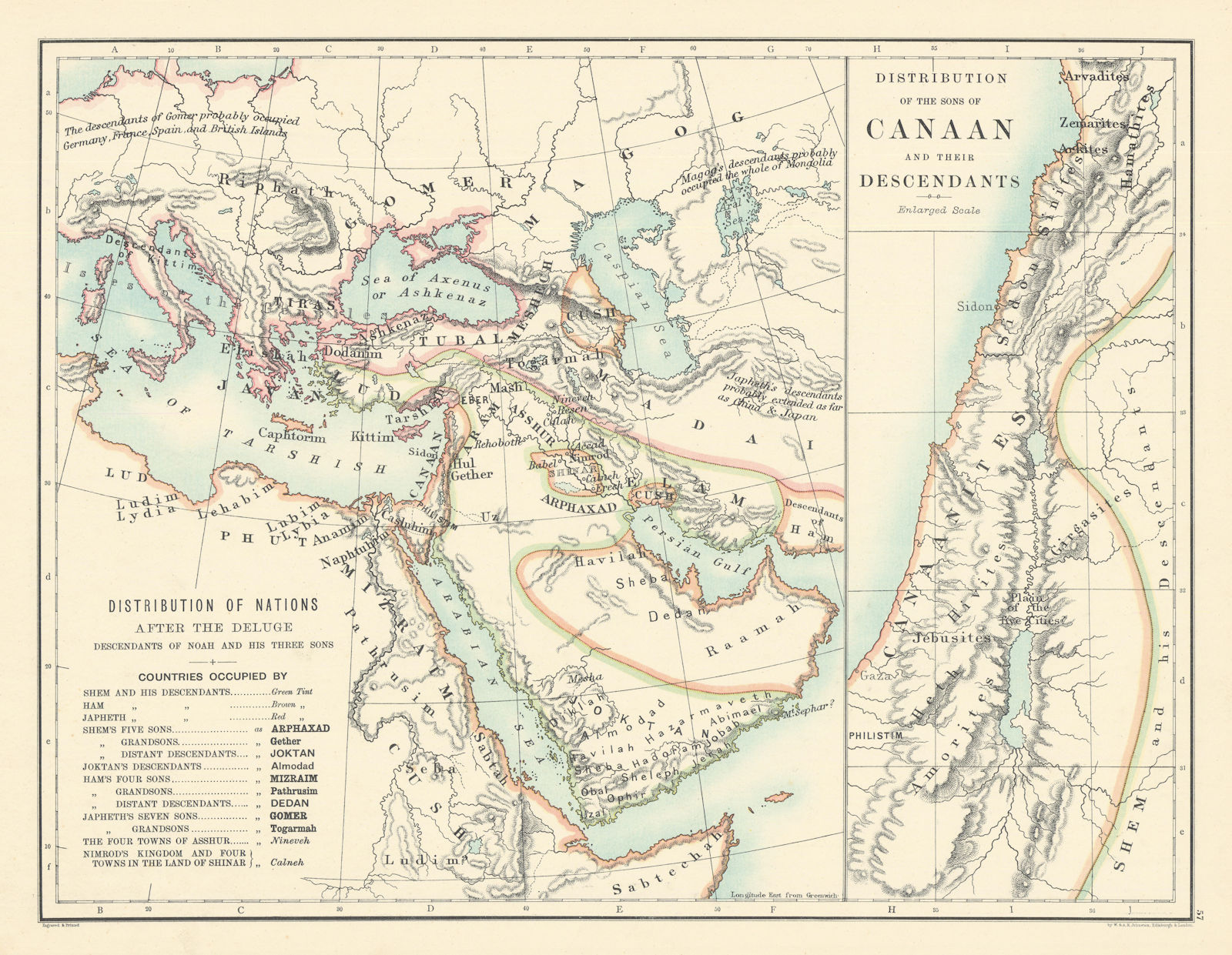 Distribution of Nations After the Deluge. Flood. By W. & A.K. Johnston 1887 map