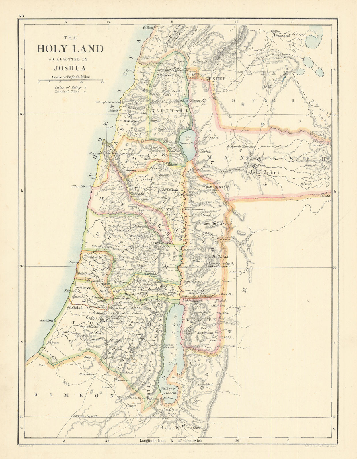 The Holy Land as allotted by Joshua. Palestine Israel 1887 old antique map