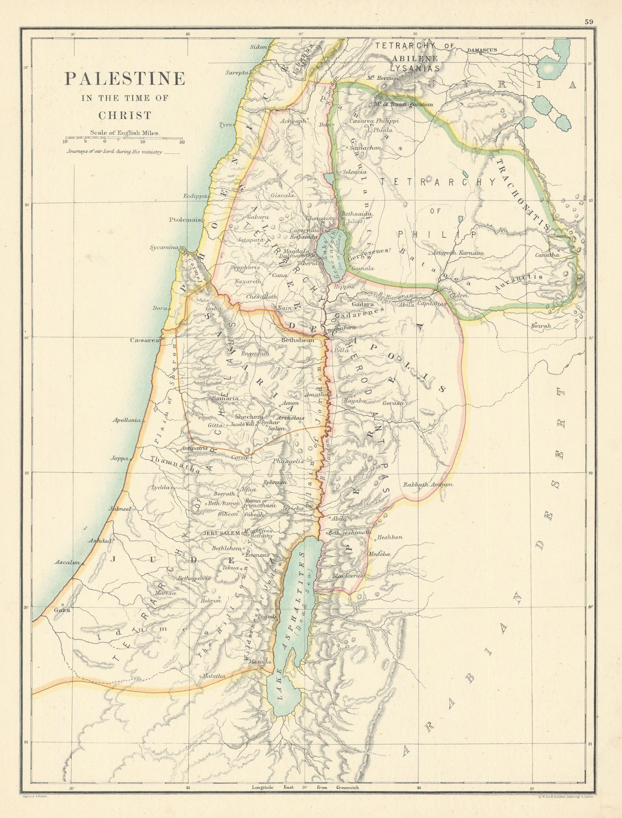 Palestine In the Time of Christ by W. & A.K. Johnston. Israel 1887 old map