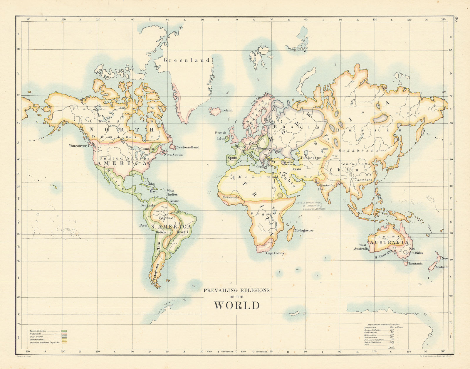 Prevailing Religions of the World by W. & A.K. Johnston 1887 old antique map