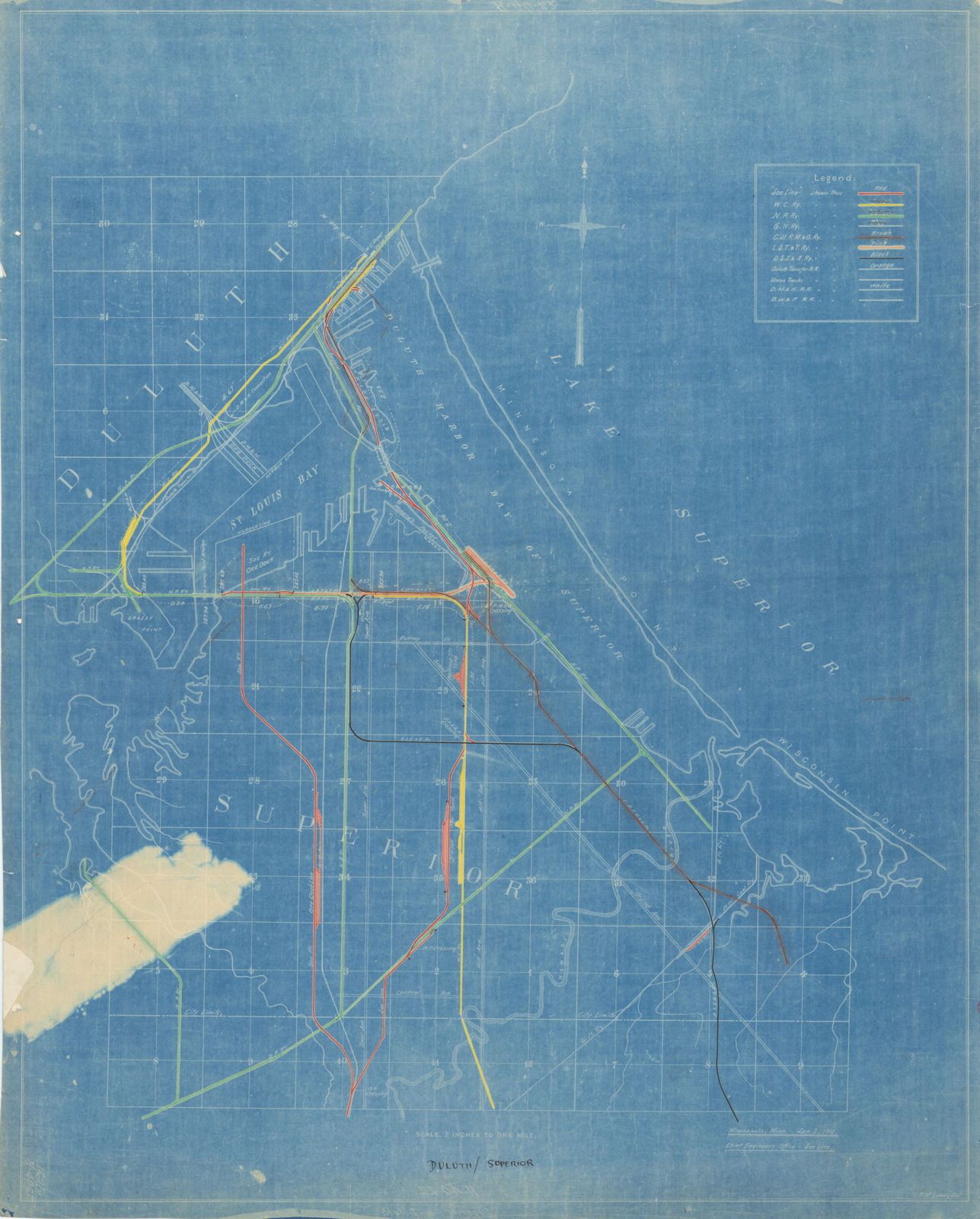 Duluth/Superior railroad lines antique blueprint map. Wisconsin Minnesota 1910