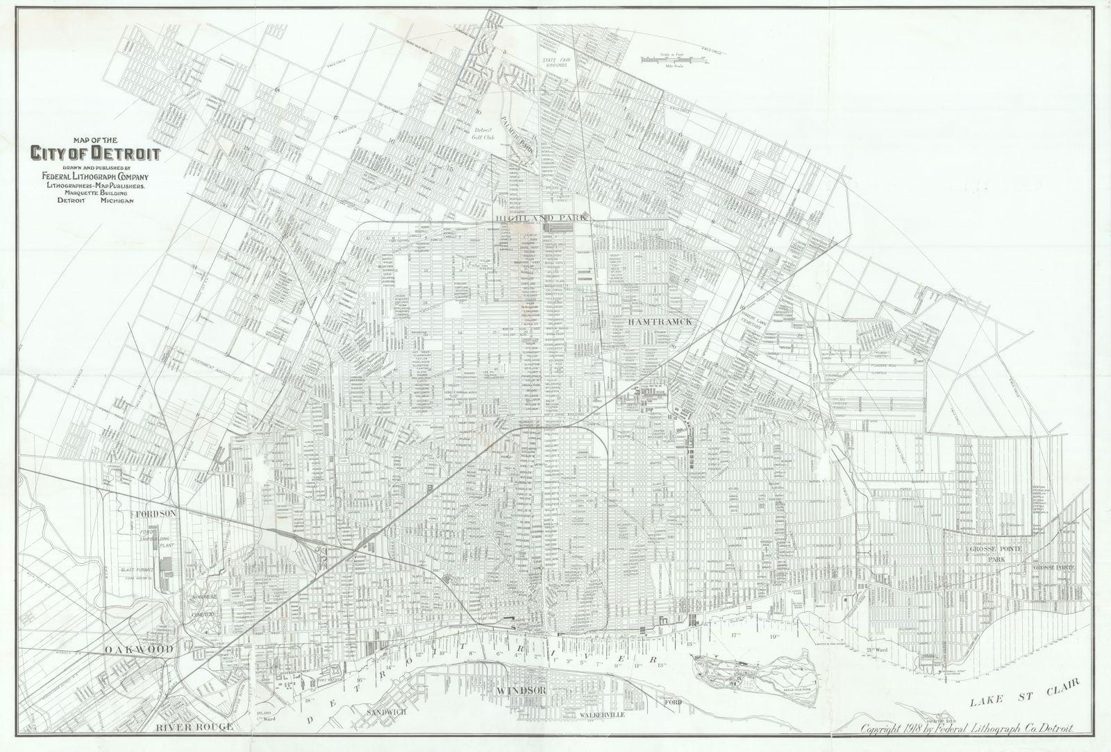 Large wall map of the City of Detroit. 27x40 inches. Federal Litho. Co. 1918