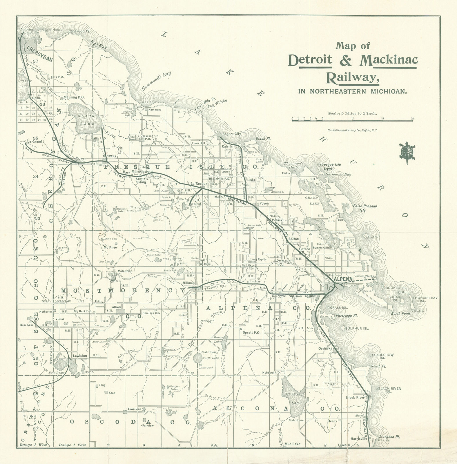 Map of Detroit & Mackinac Railway in Northeastern Michigan. Railroads c1925