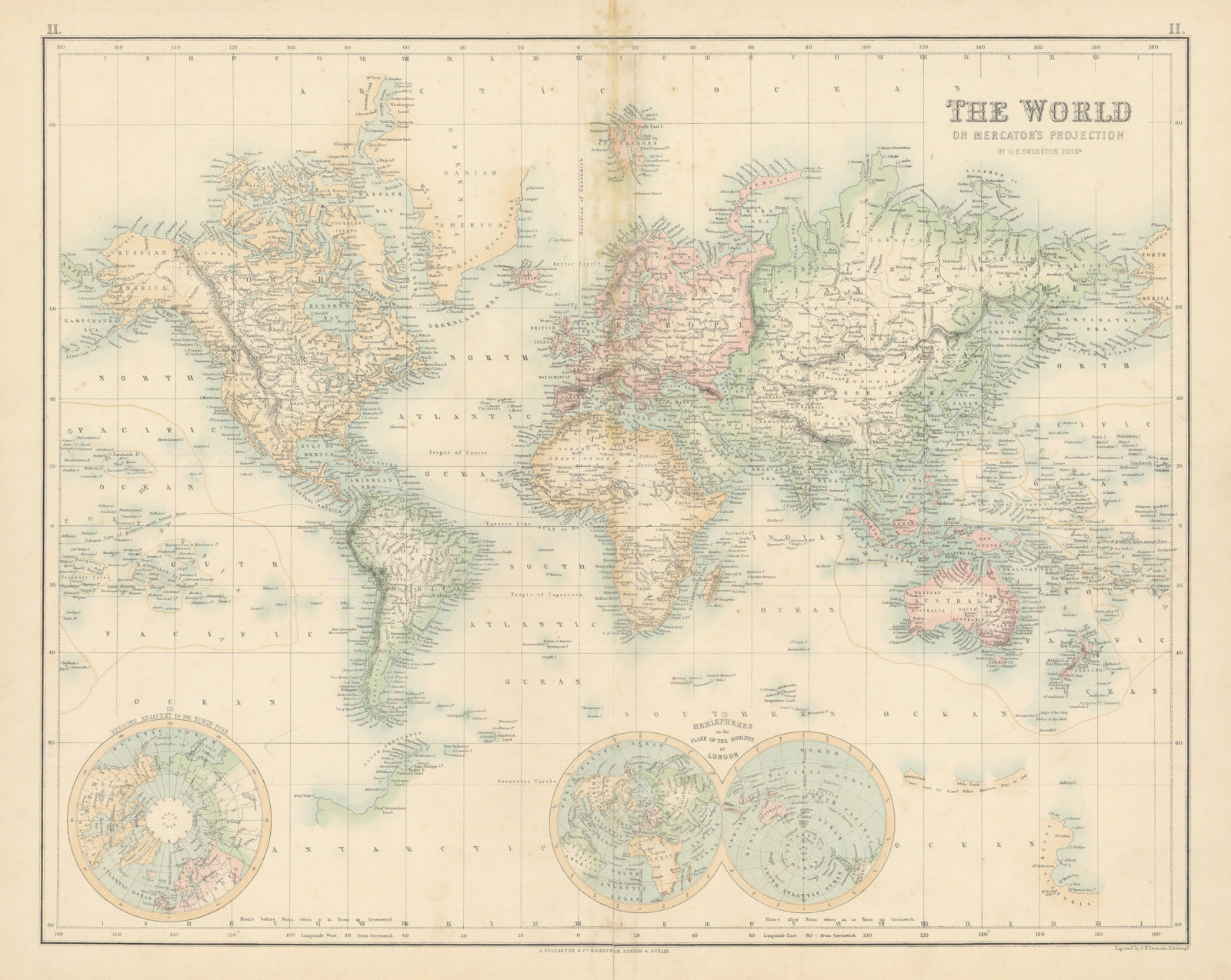 The World on Mercator's Projection. FULLARTON c1863 old antique map plan chart