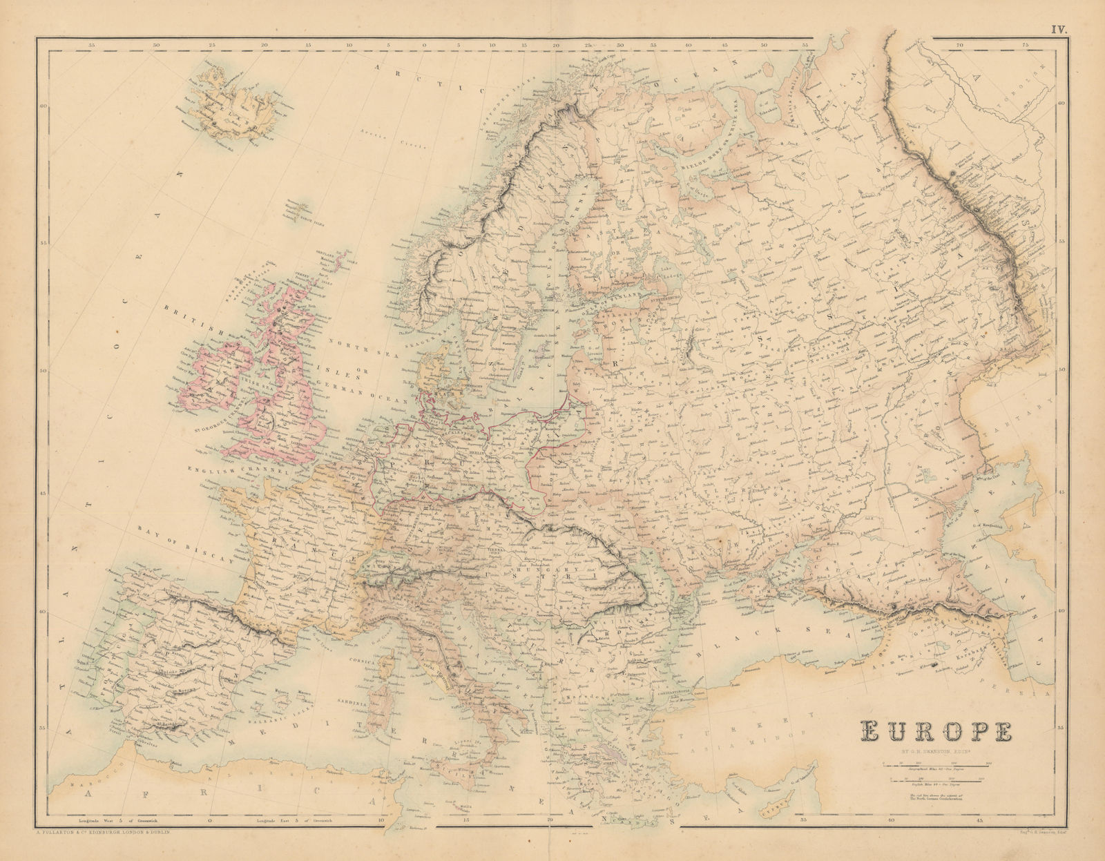 Europe showing North German Confedration by G.H. FULLARTON c1863 old map