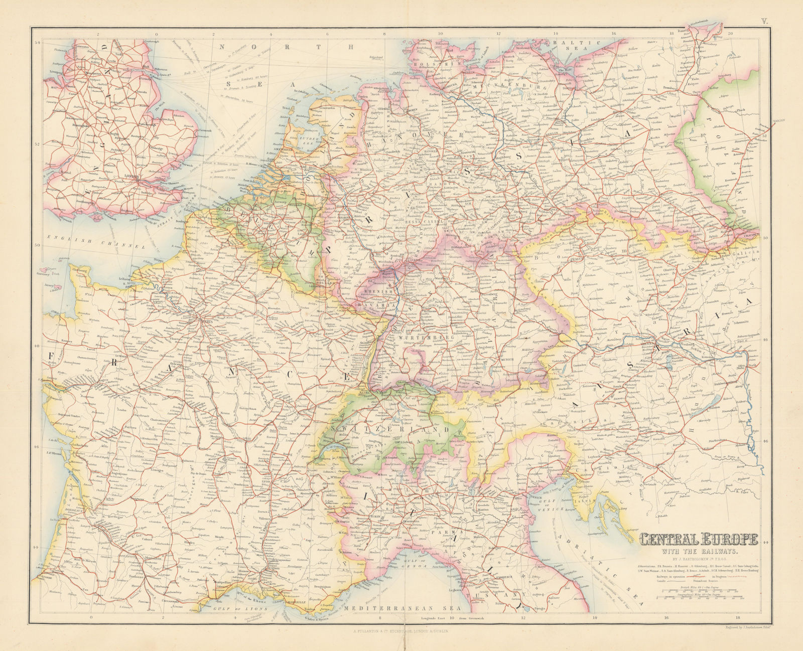 Central Europe with railways. North German Confederation. FULLARTON c1863 map