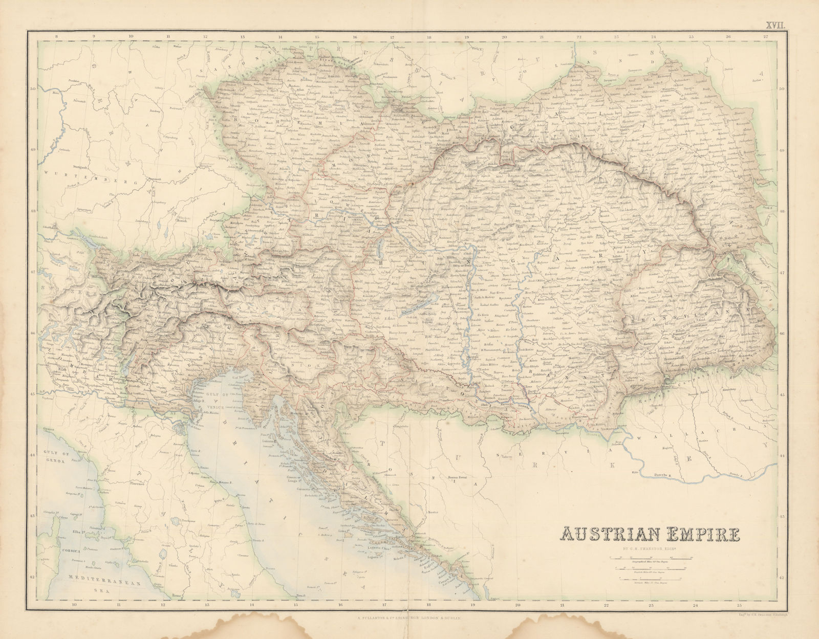 Austrian Empire. Hungary Czechia Croatia Lombardy Veneto. FULLARTON c1863 map