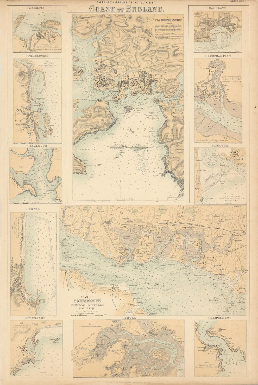 England South Coast Ports. Plymouth Portsmouth Poole Southampton c1863 old map