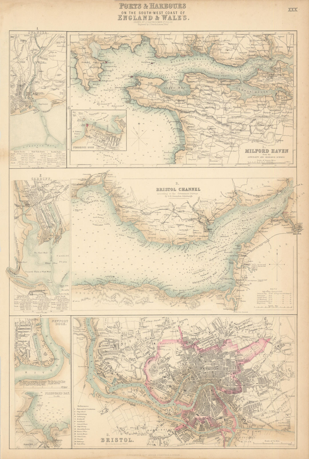 SW England/Wales Ports. Milford Haven. Bristol Channel Cardiff Swansea c1863 map