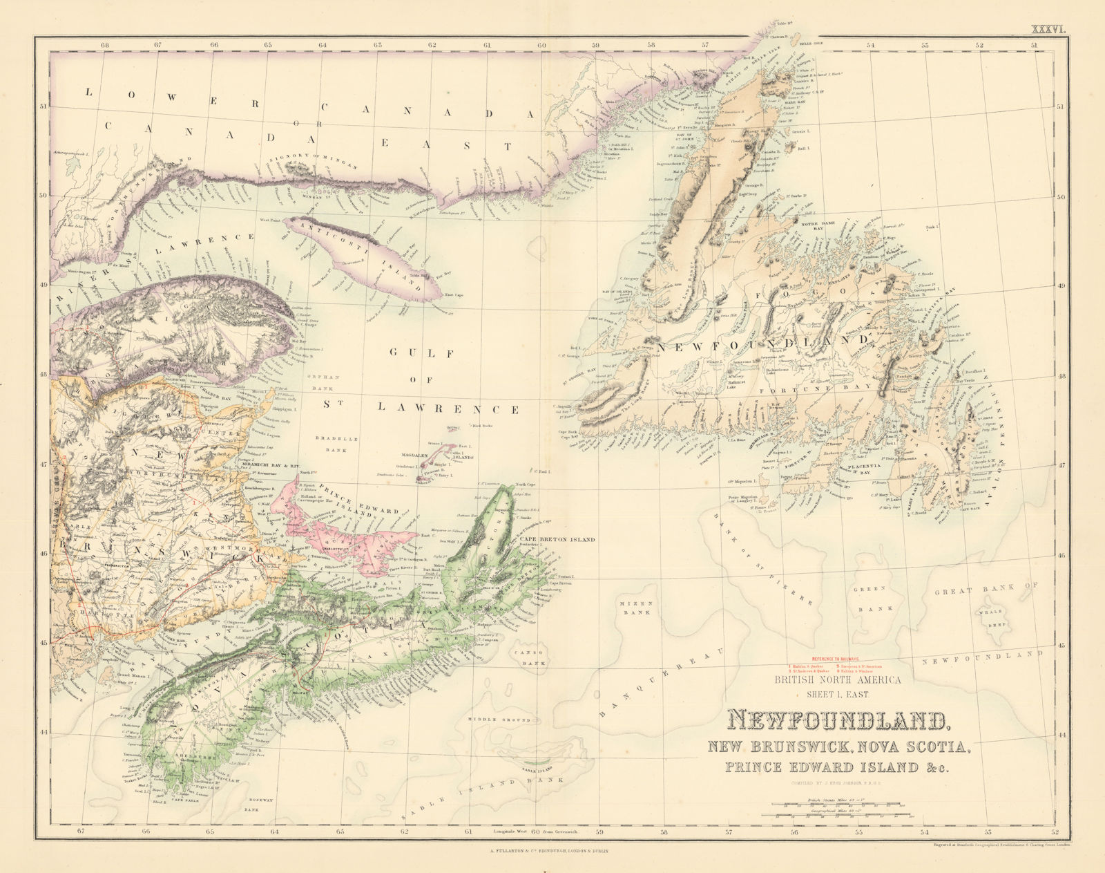 Newfoundland New Brunswick Nova Scotia PEI. Canada Maritimes FULLARTON c1863 map