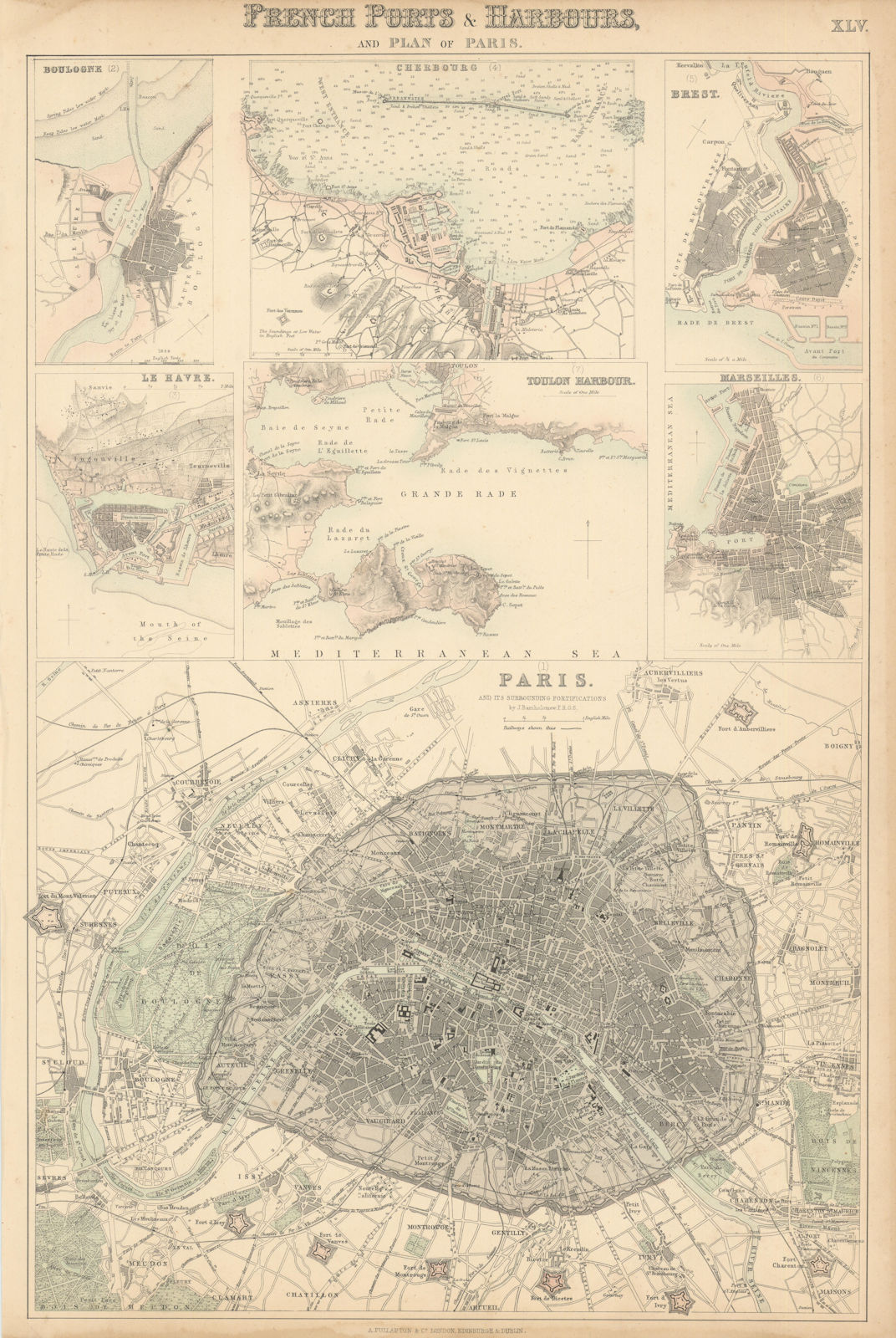 Paris & French Ports. Boulogne Cherbourg Brest Havre Toulon Marseille c1863 map