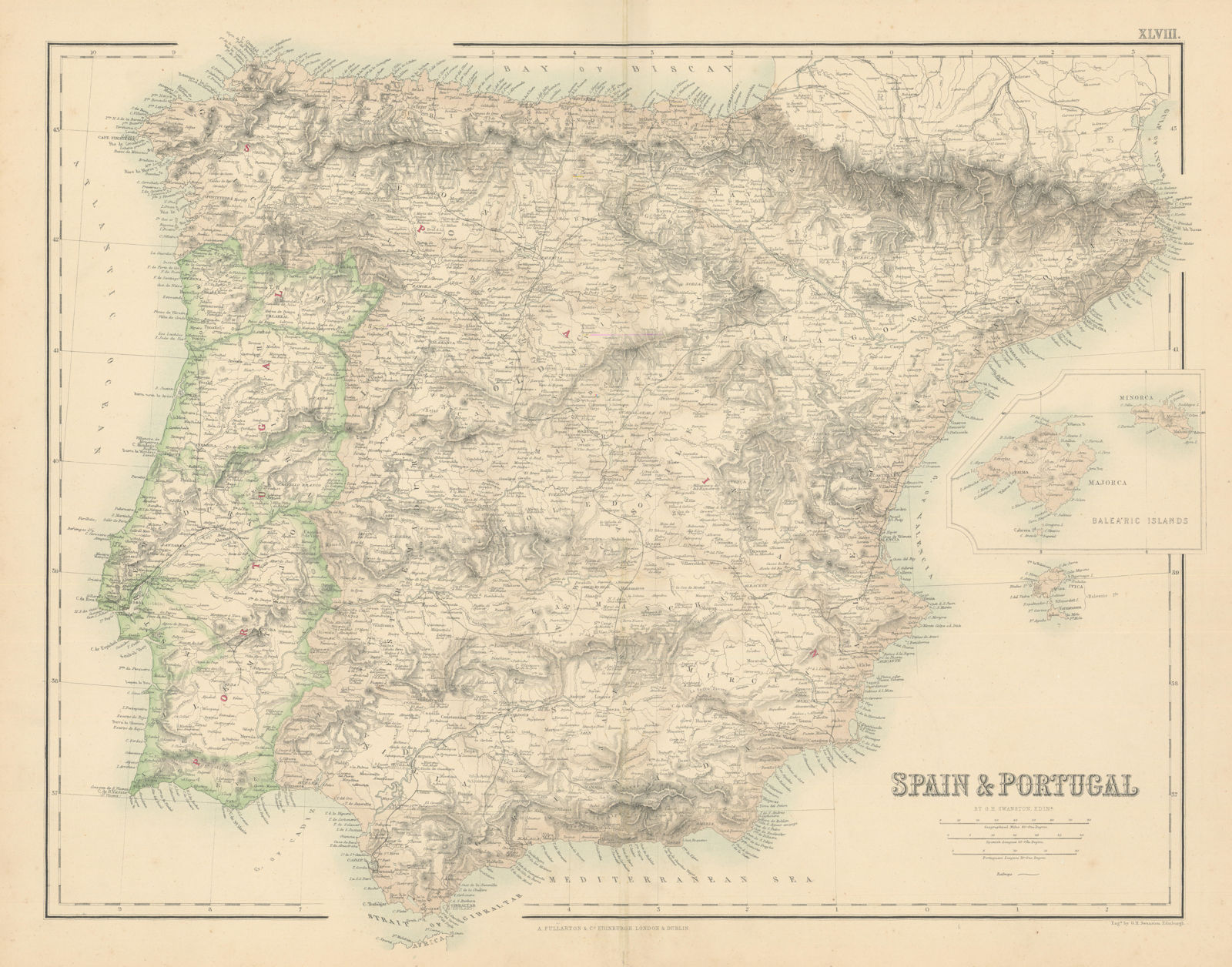 Spain and Portugal by SWANSTON / FULLARTON. Iberia c1863 old antique map chart