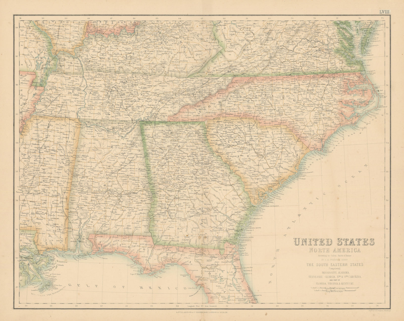 United States South East. Alabama Tennessee Georgia Carolinas c1863 old map