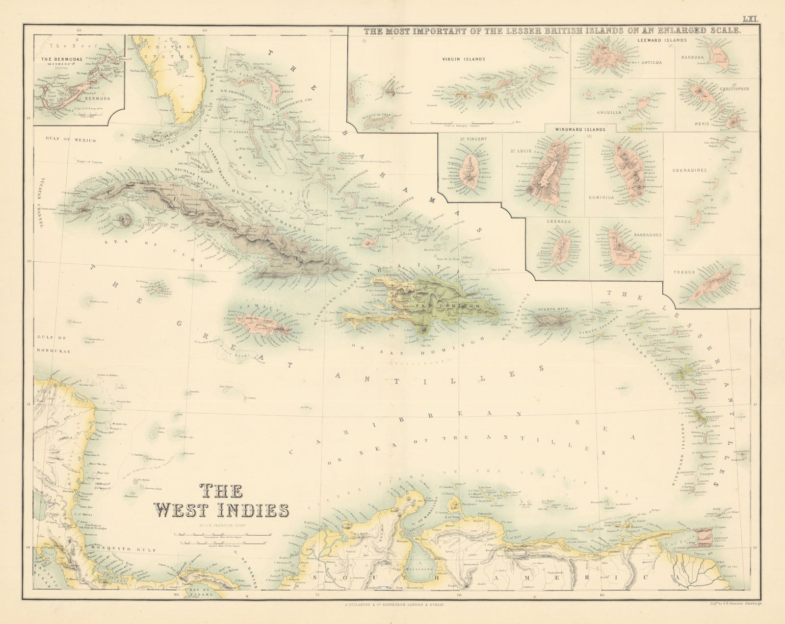 British West Indies. Virgin Leeward Windward Islands Bermuda FULLARTON c1863 map