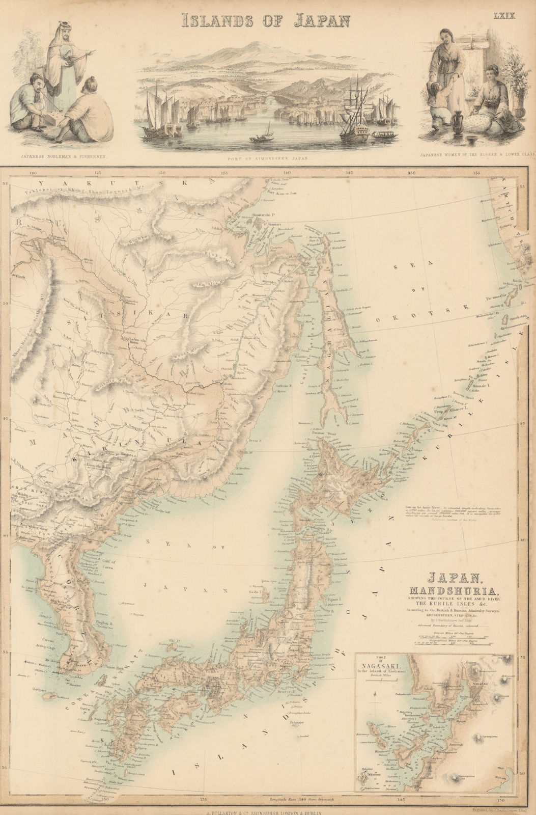 Japan & Mandshuria. Shimonoseki & Nagasaki. Manchuria. FULLARTON c1863 old map