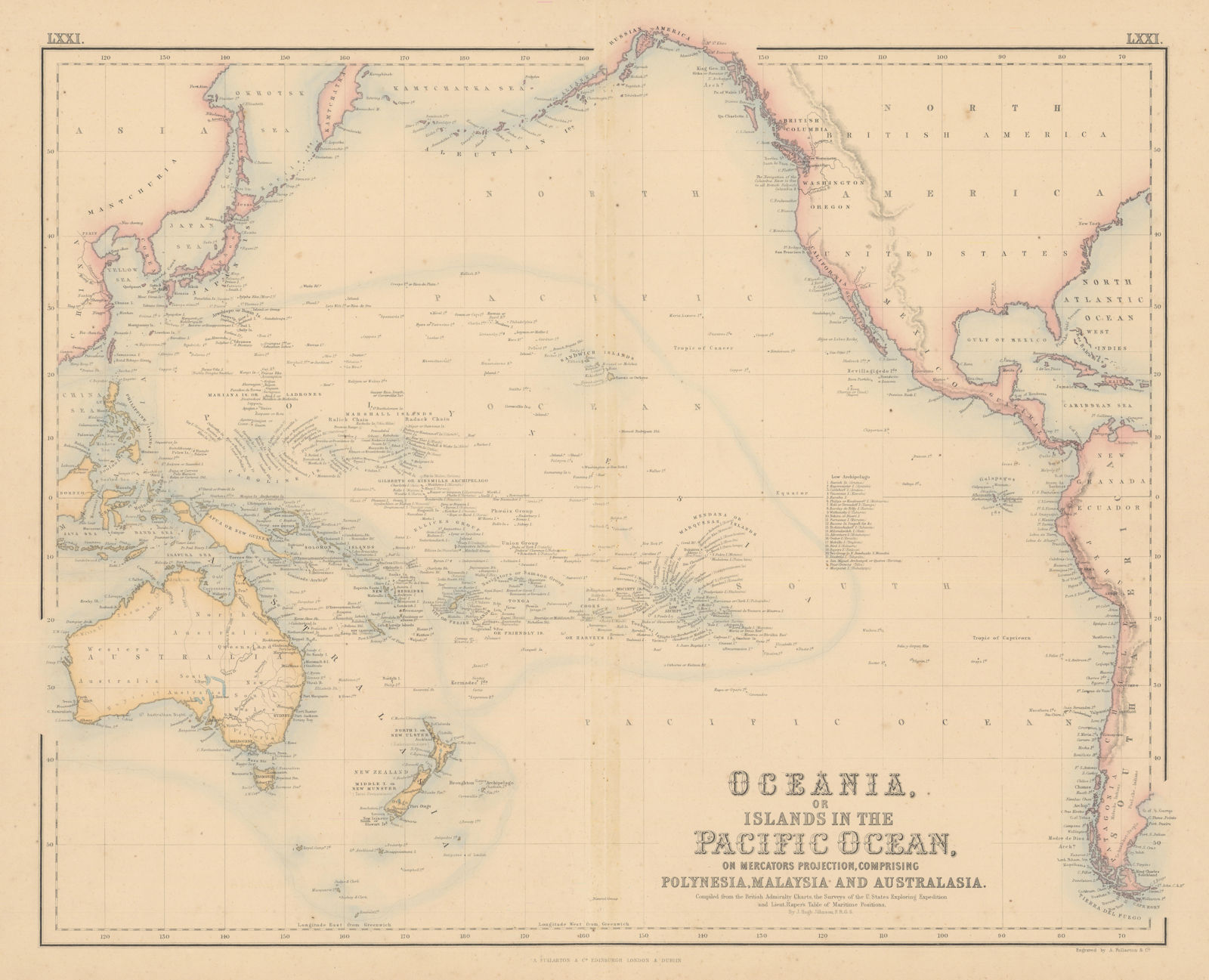 Oceania or Islands in the Pacific Ocean. Polynesia Melanesia FULLARTON c1863 map