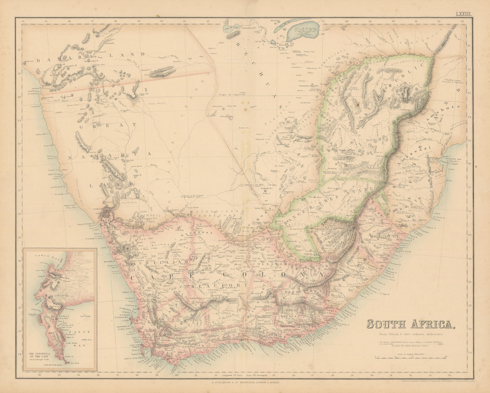 South Africa. Cape Colony. Transvaal Rep. Great Damaqua Land FULLARTON c1863 map