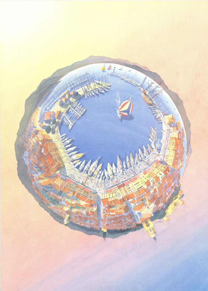 Bird's eye view panorama of St Tropez by Jean Pattou for La Nioulargue 1986