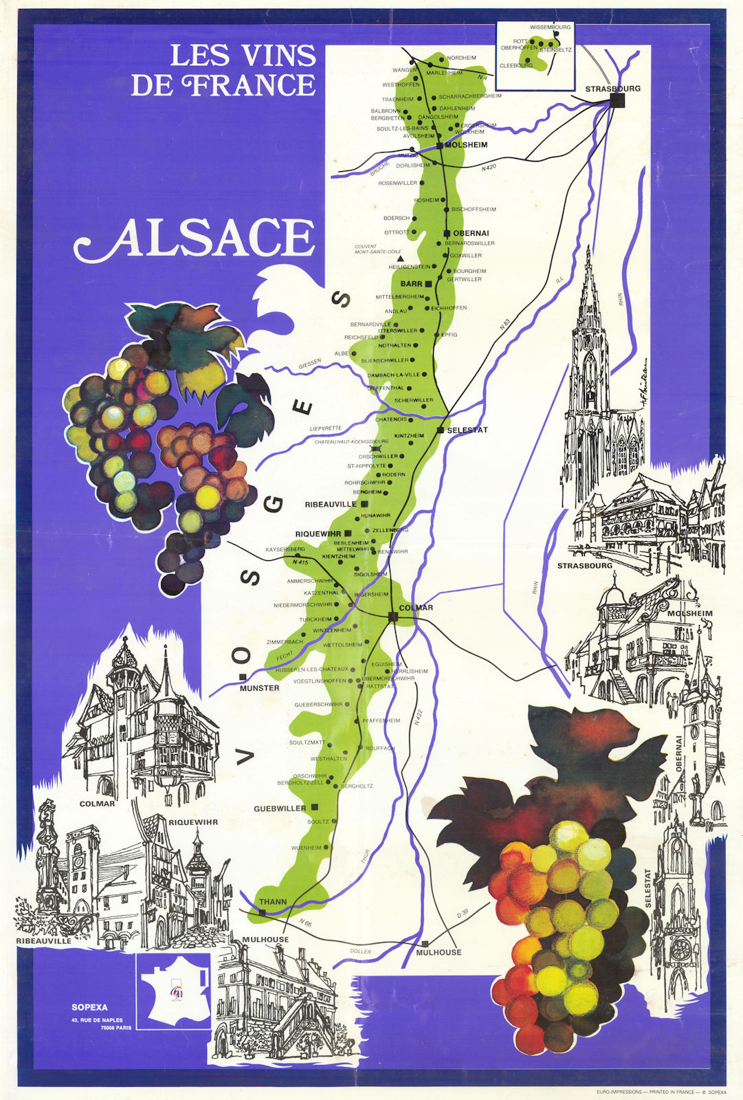 Les Vins de France - Alsace wine region poster map by Pointeau for SOPEXA c1974