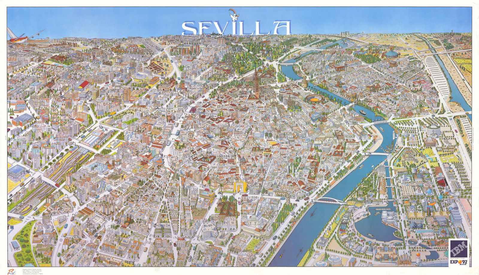 Sevilla pictorial bird's eye view for Seville Expo 92 by Daniel Hermida 1992 map