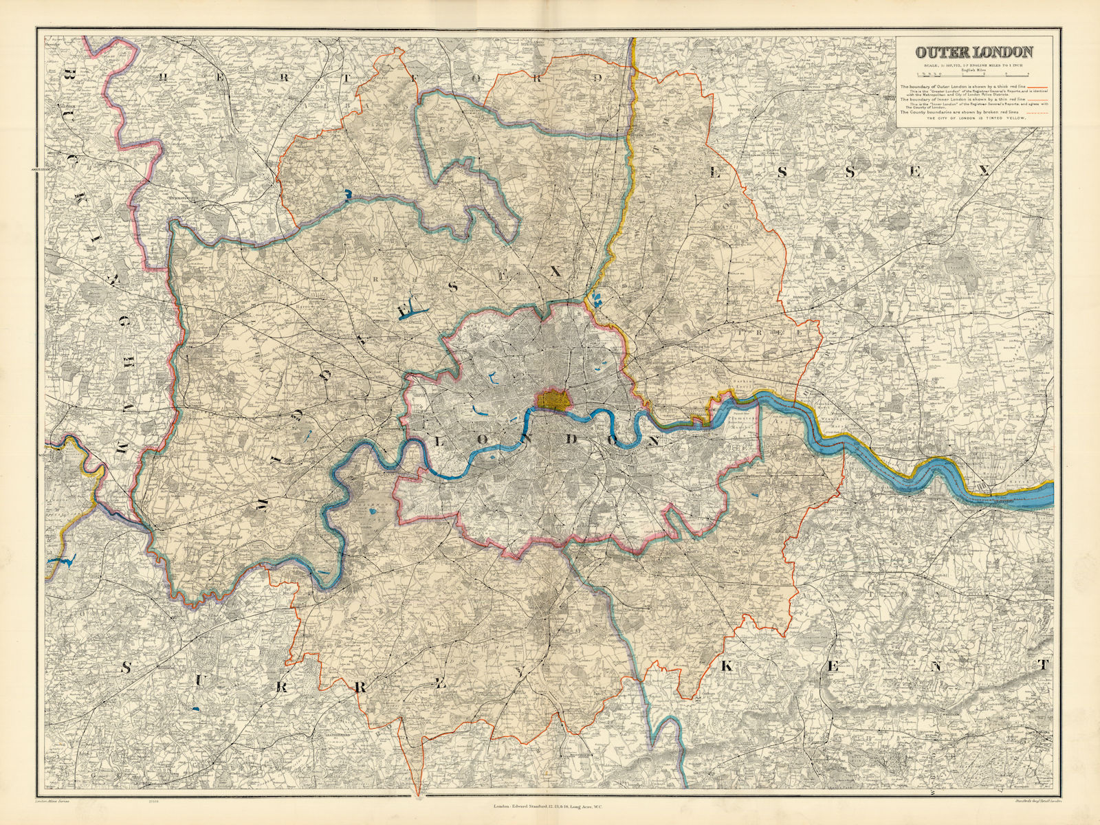 Outer [Greater] London. Metropolitan Police Area. 54x72cm. STANFORD 1904 map