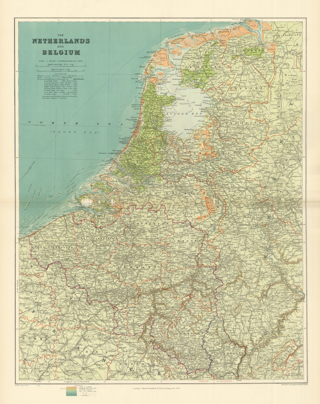 Netherlands & Belgium. Benelux. Projected Great Dyke. 68x54cm. STANFORD 1904 map