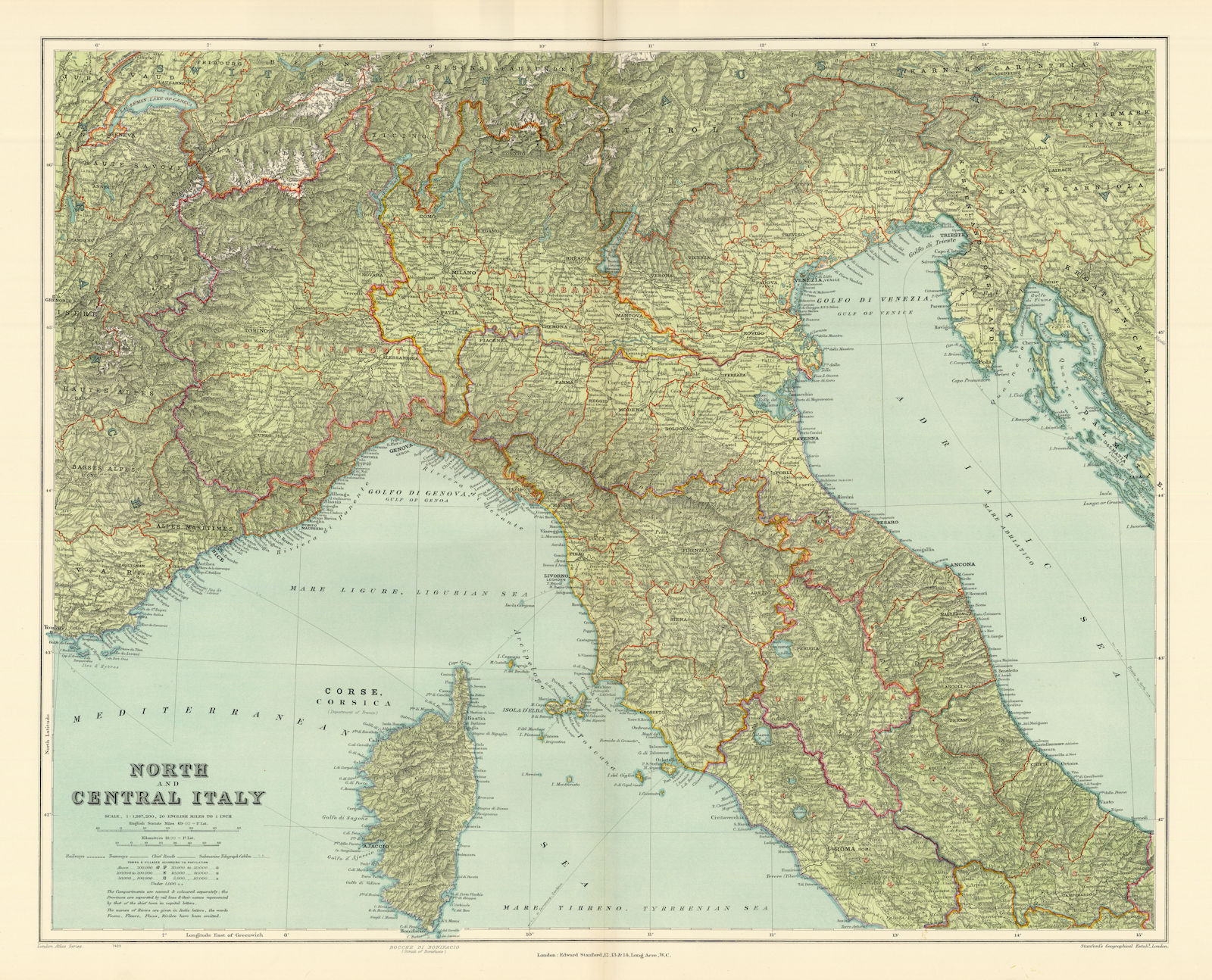 North Italy. w/o Trieste Tyrol. Lombardy Piedmont Veneto &c. STANFORD 1904 map