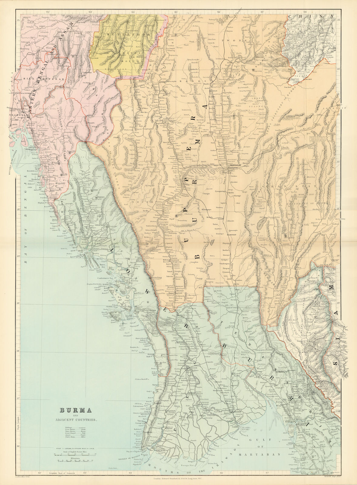 Burma & Adjacent Countries. Myanmar Bengal Assam. 75x54cm. STANFORD 1904 map