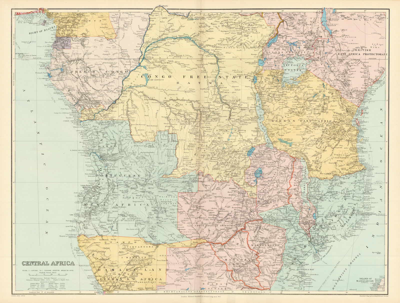 Central Africa. Congo Free State Rhodesia German East Africa. STANFORD 1904 map