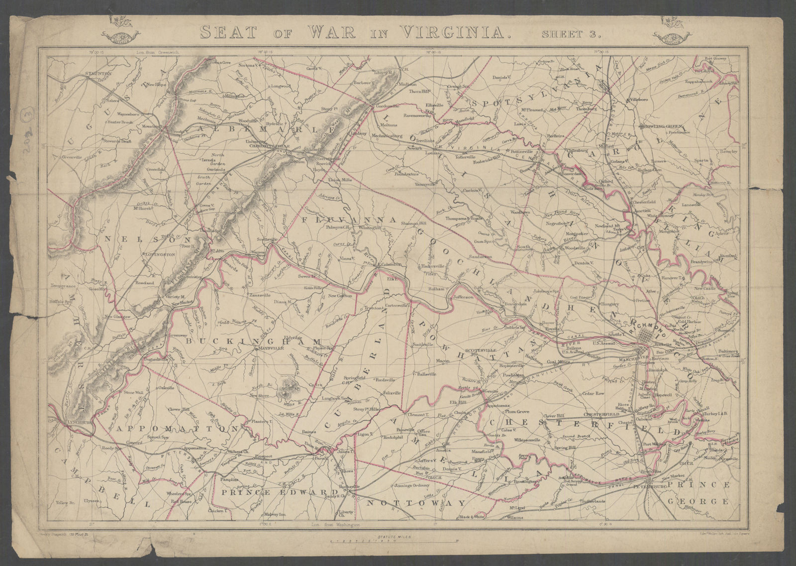 US CIVIL WAR Seat of War in Virginia sheet 3 Richmond Lynchburg. WELLER 1863 map